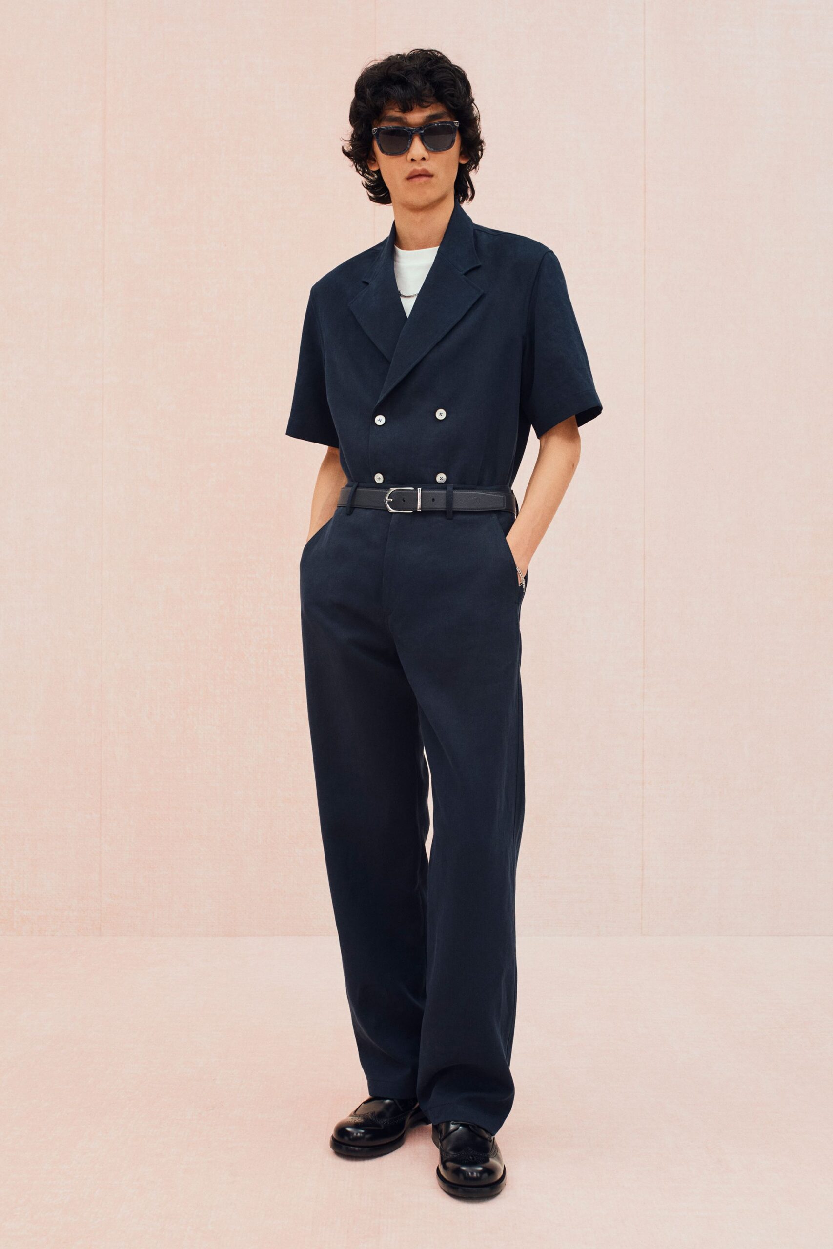 blue cotton short-sleeve collared tailored zippered belted suit