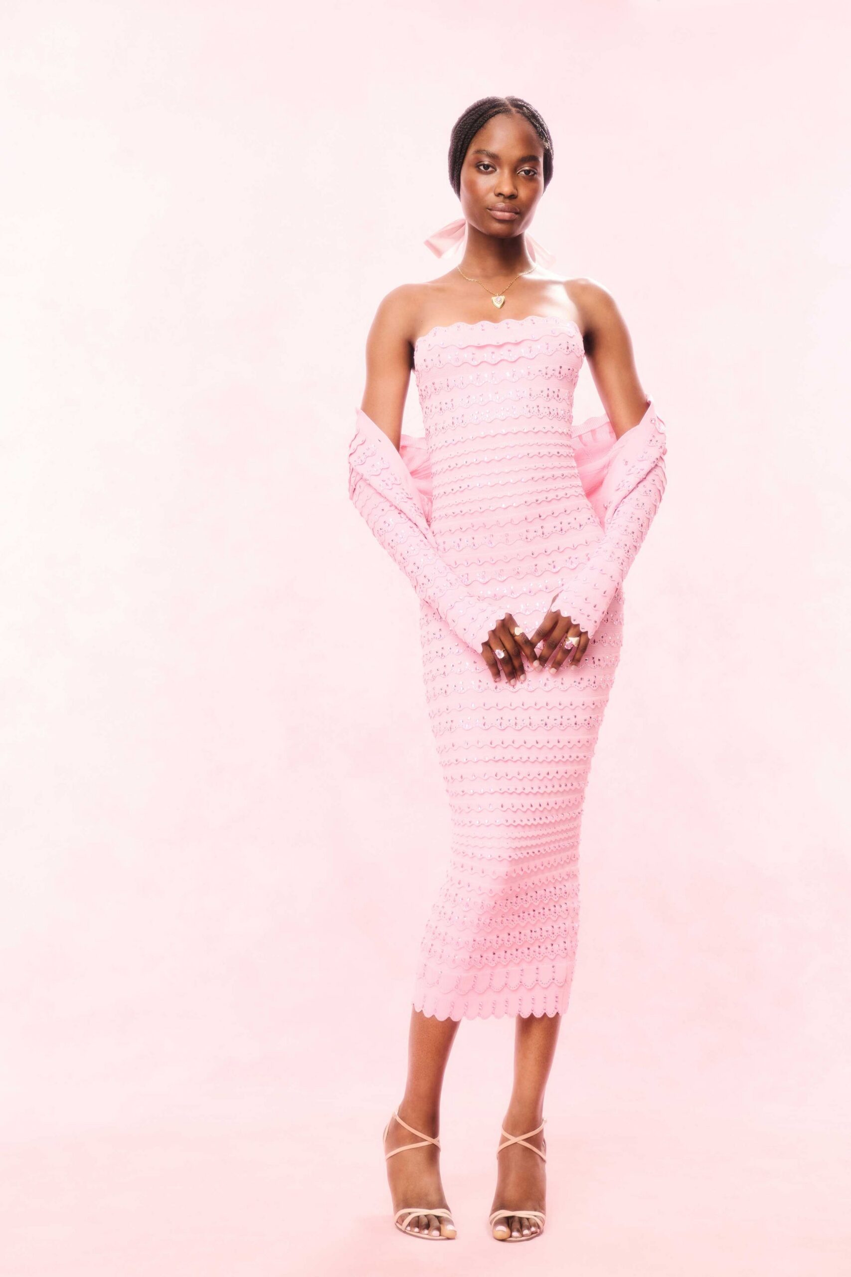 pink knit strapless fitted ribbed midi dress