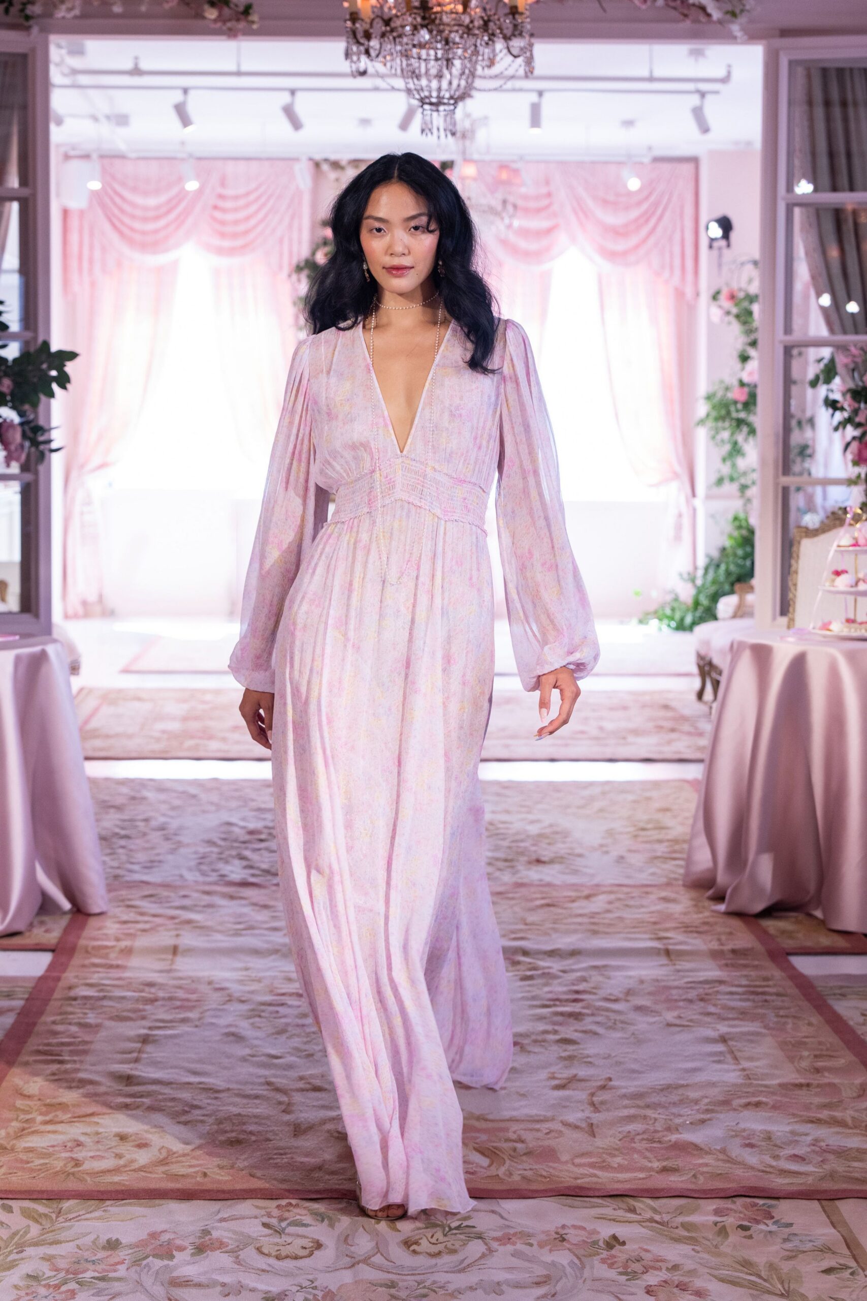 pink silk long-sleeve gown