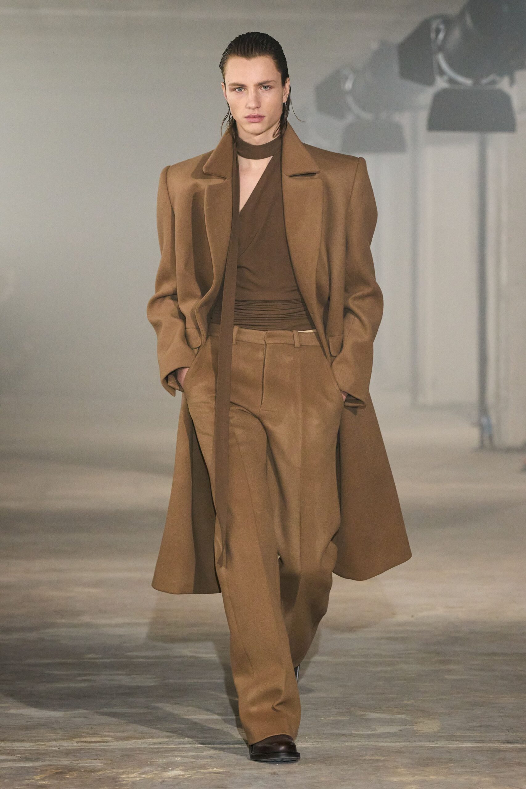 brown wool long-sleeve relaxed belted coat