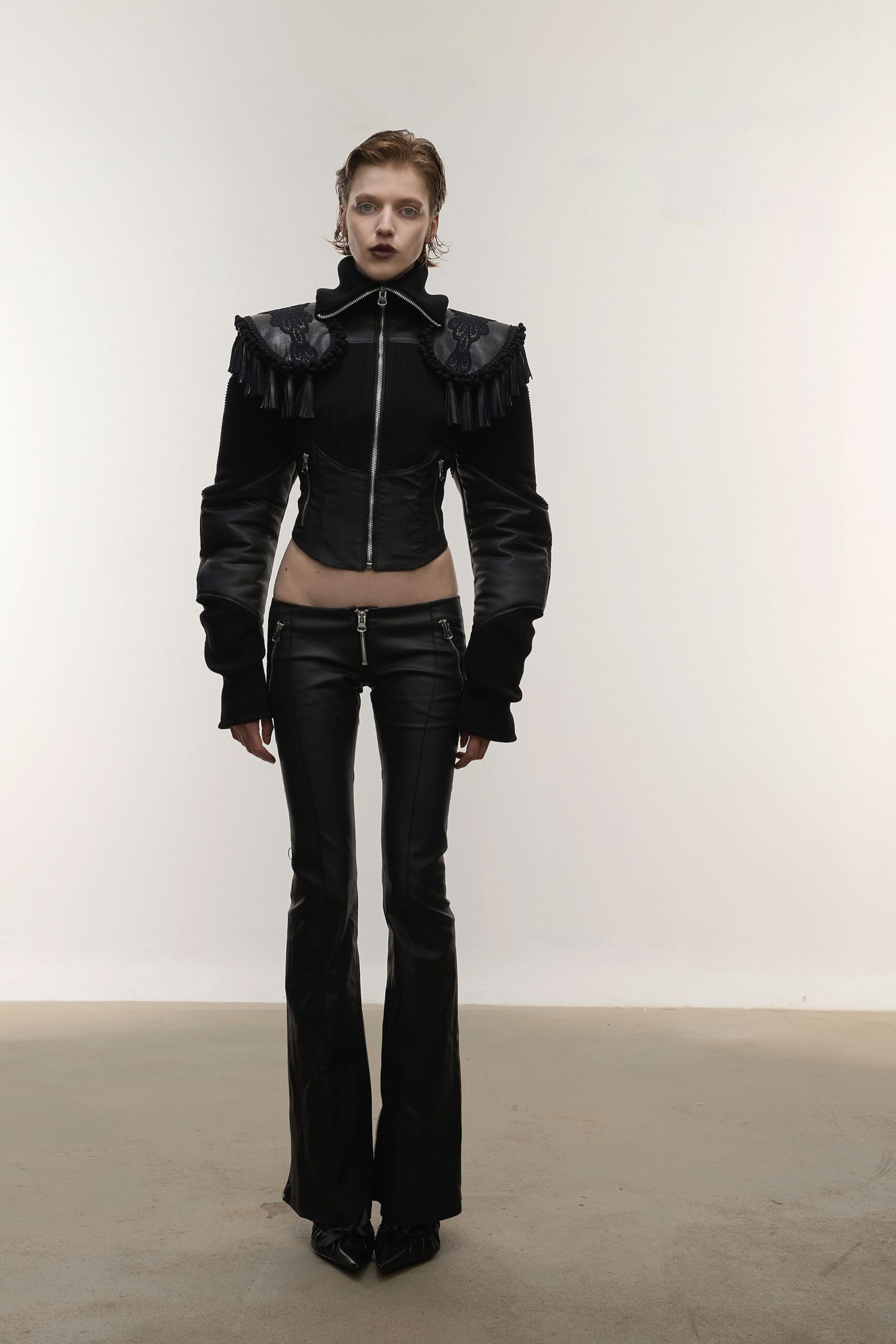 black leather fitted jacket and pants