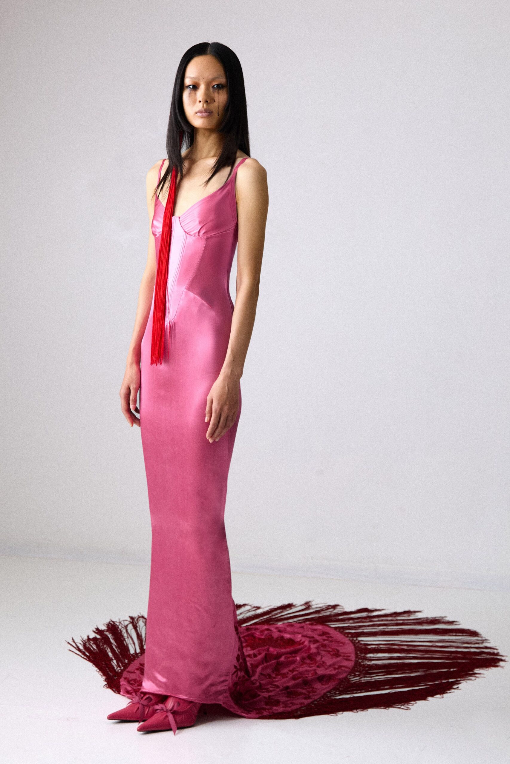 pink silk sleeveless v-neck fitted fringed shiny gown