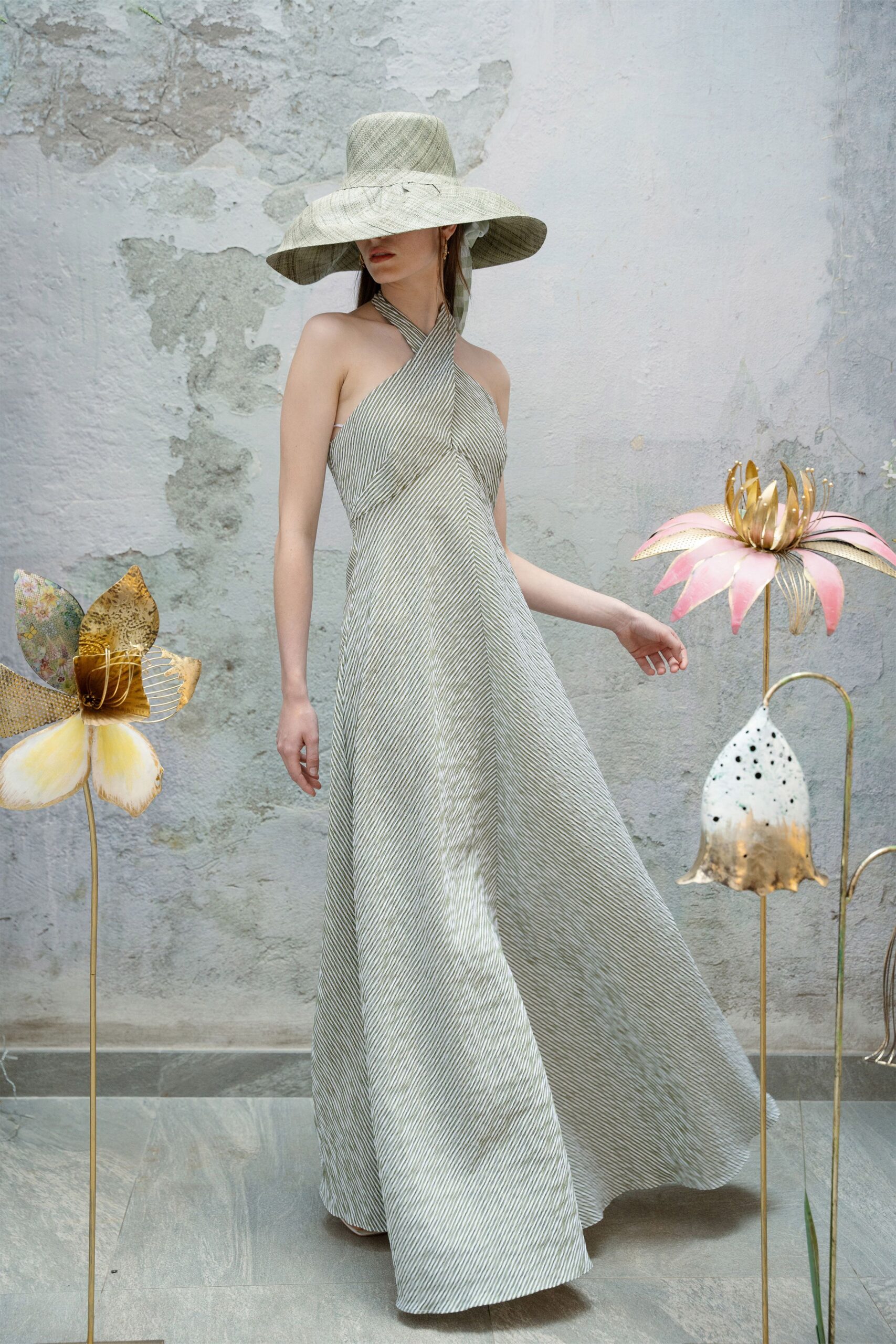 gray silk sleeveless halter fitted striped flowing gown