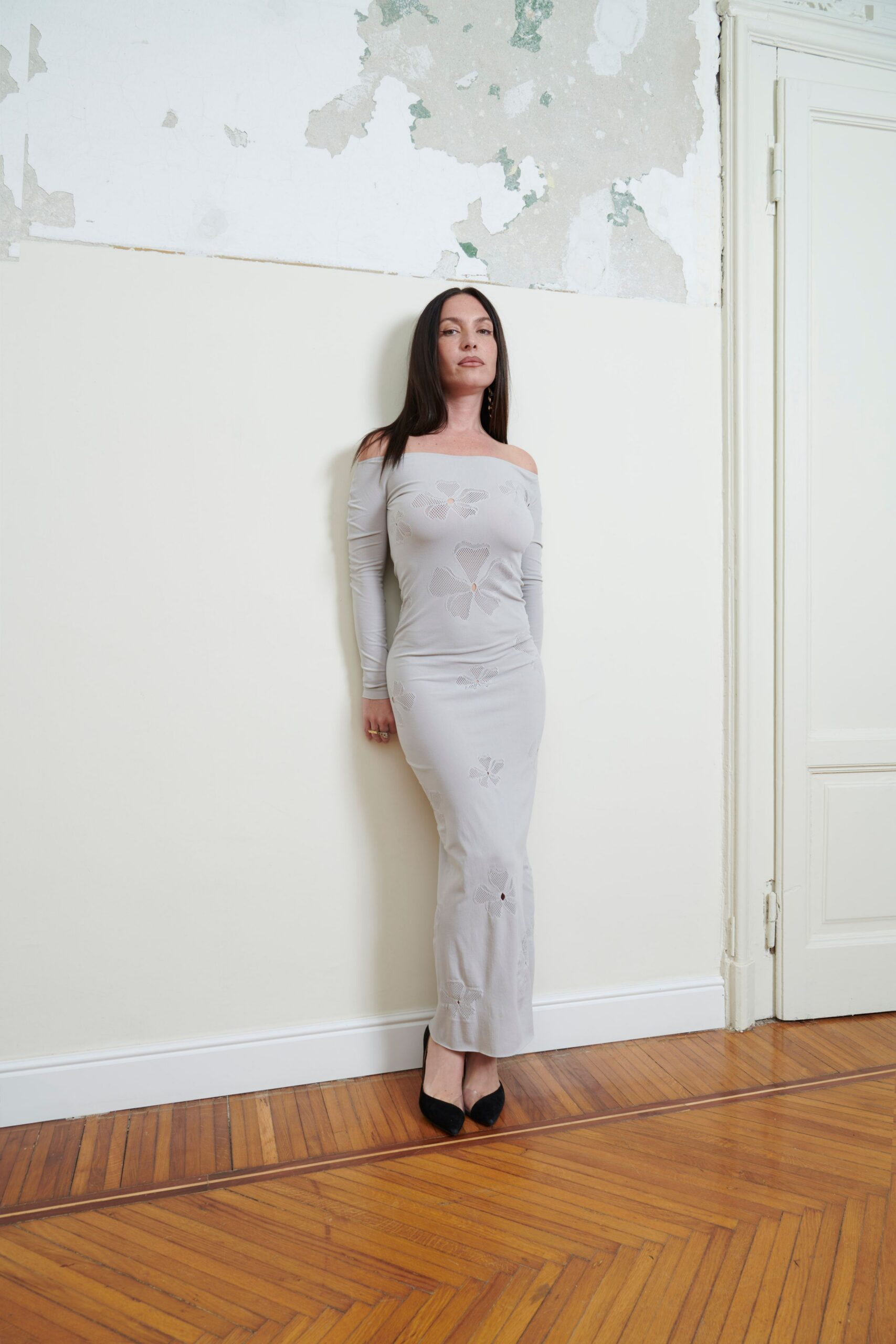 gray cotton long-sleeve off-shoulder fitted embroidered maxi gown