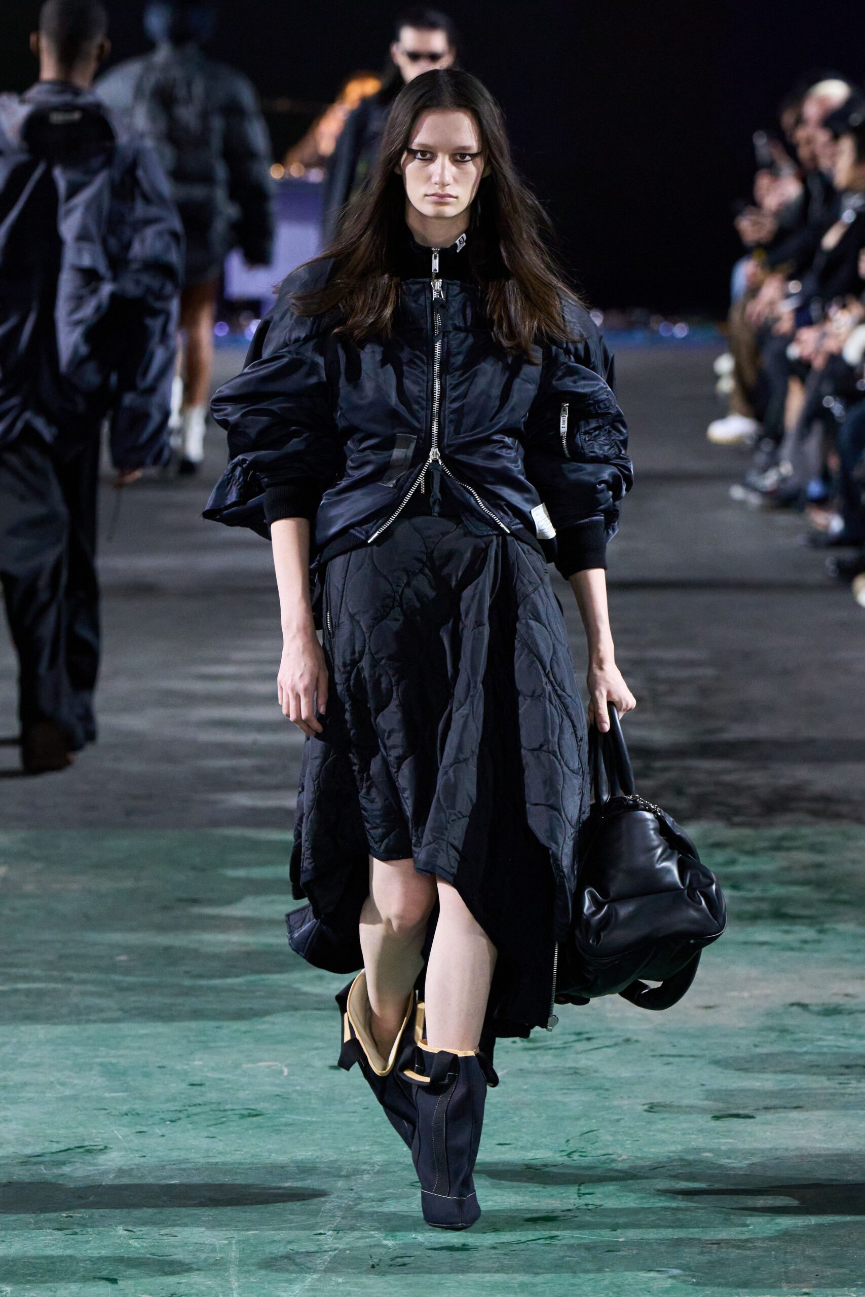 black pleated midi dress with boots