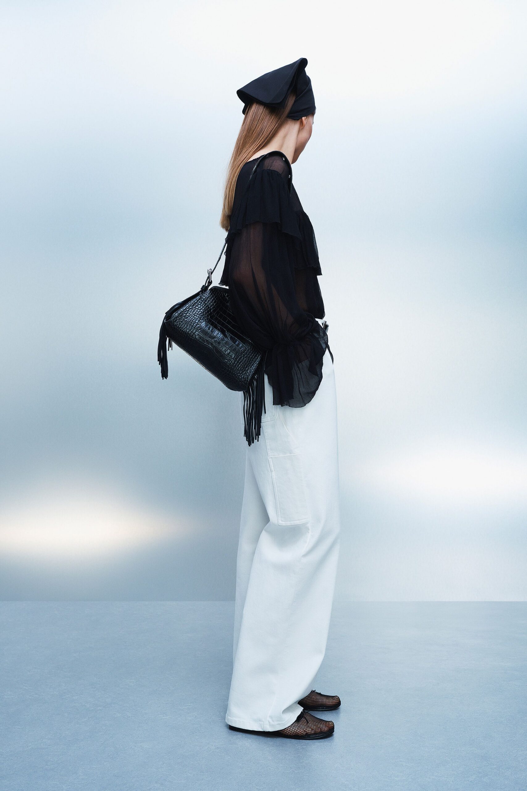 black silk long-sleeve relaxed ruffled blouse