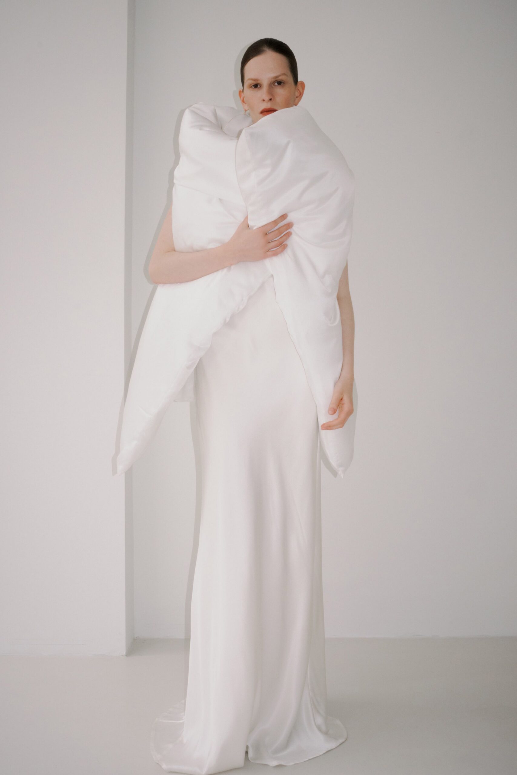 white silk oversized draped cape