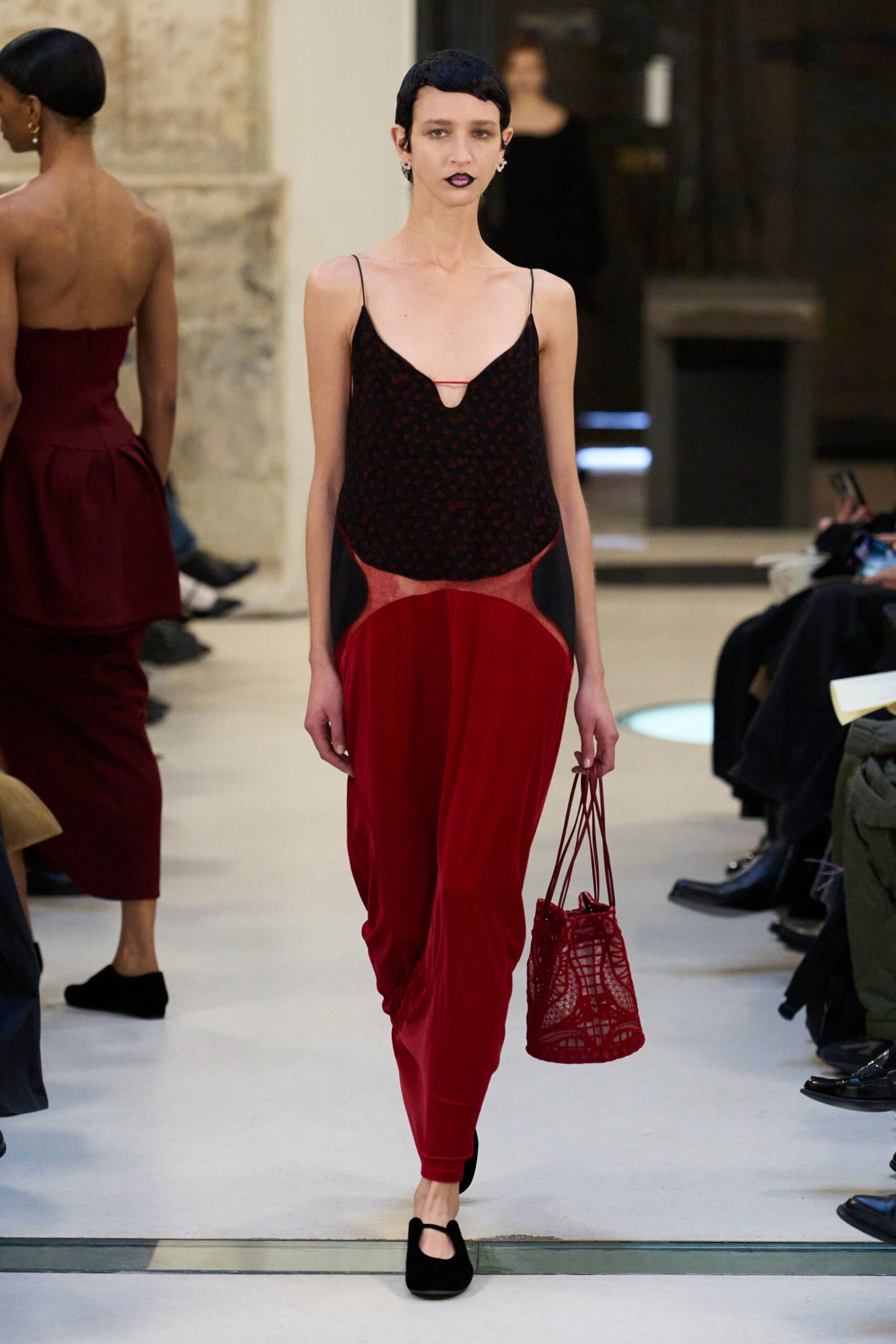 black and red fitted top with relaxed pants