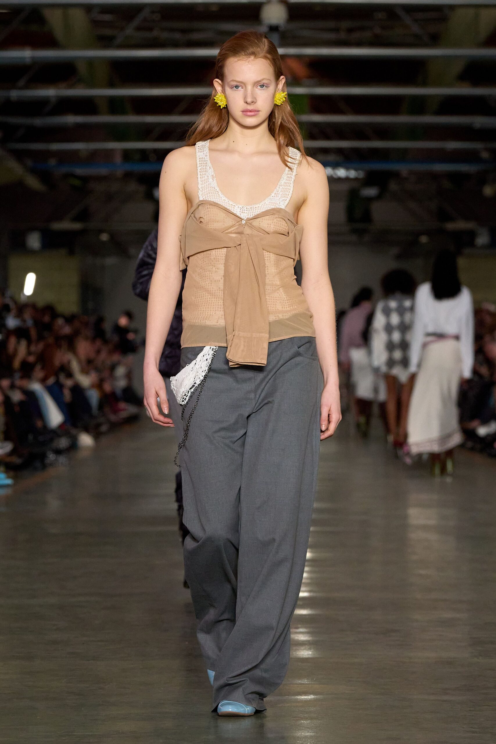 beige fitted top with gray relaxed pants