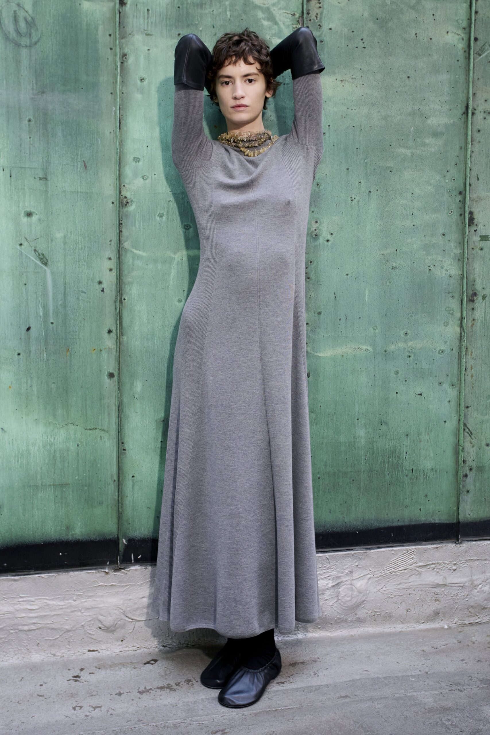 gray cotton long-sleeve high-neck relaxed draped maxi dress