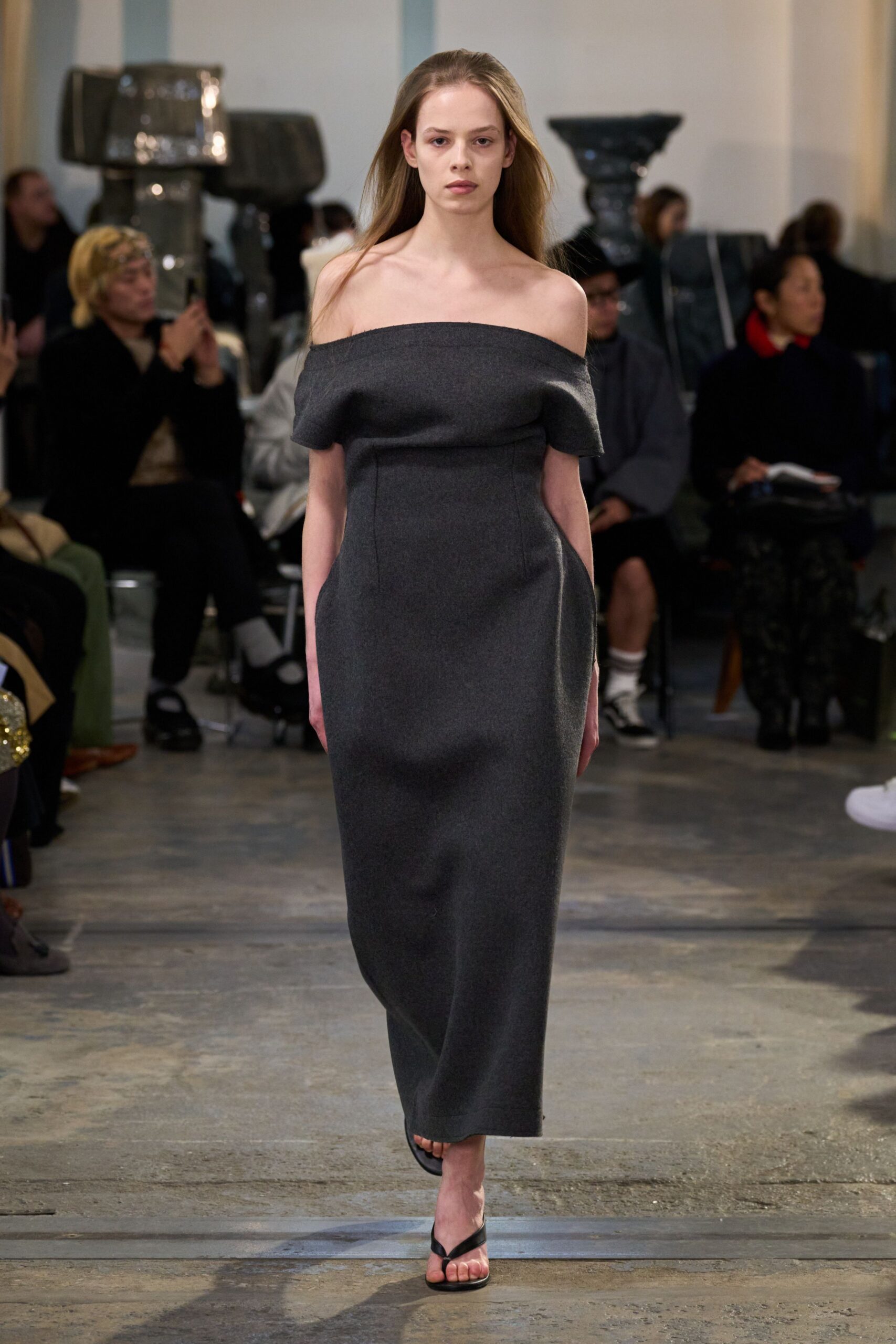 gray wool off-shoulder sleeveless fitted straight-leg maxi dress