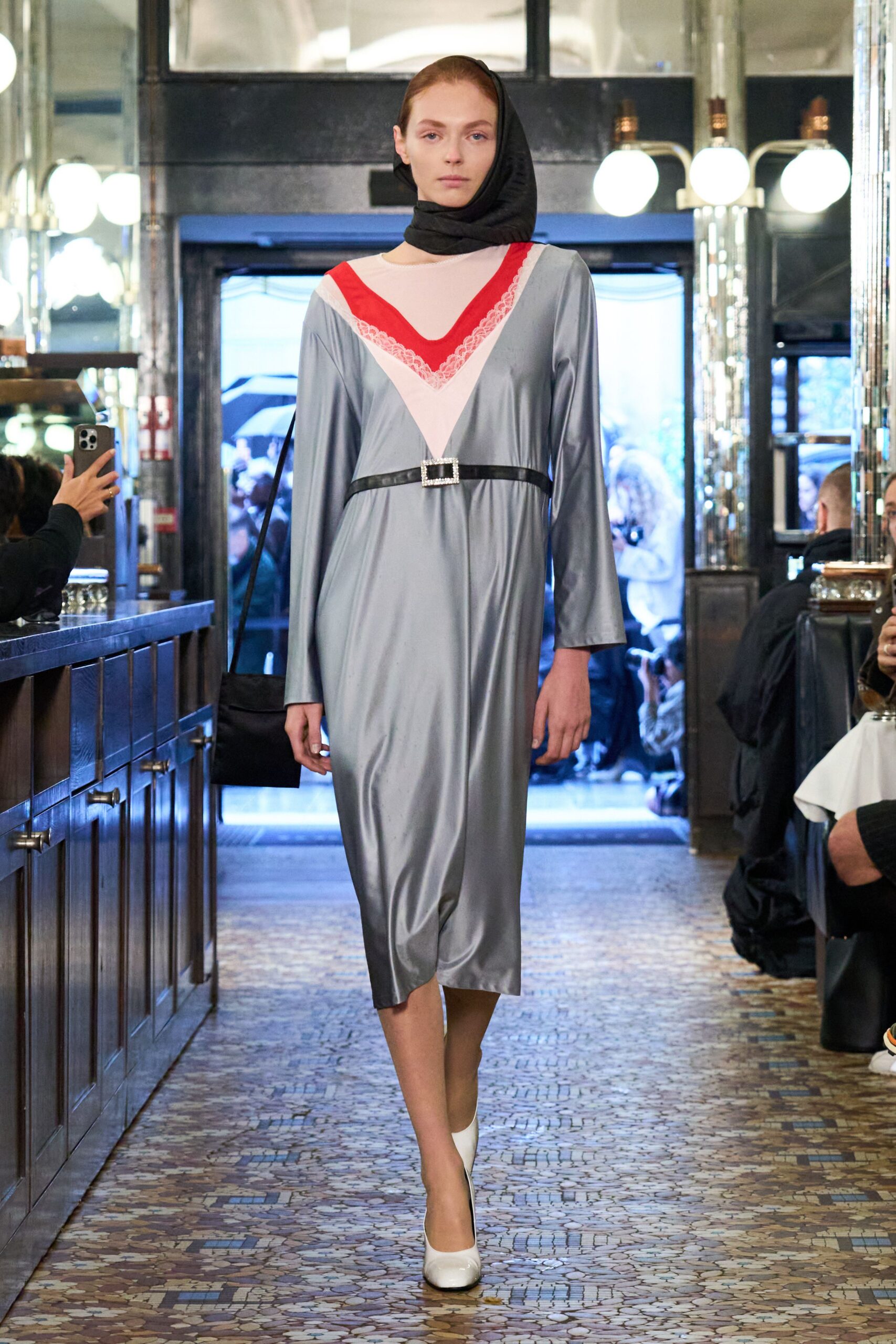 gray silk long-sleeve v-neck fitted color-blocked belted dress