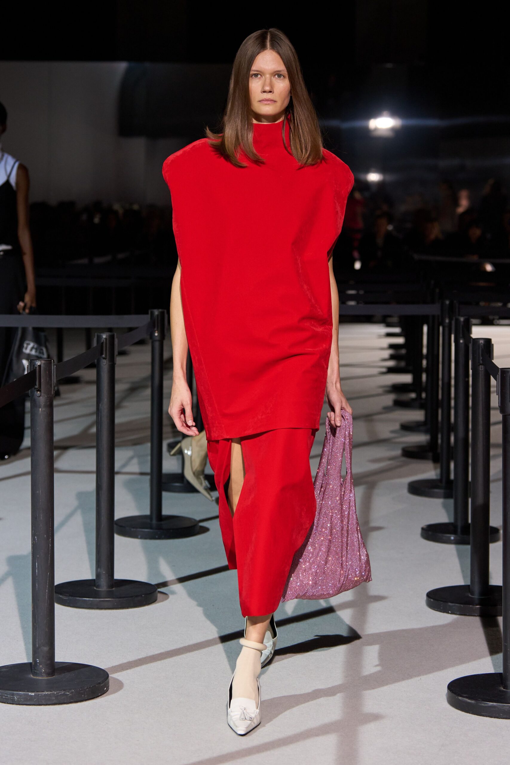 red cotton sleeveless high-neck relaxed layered midi dress