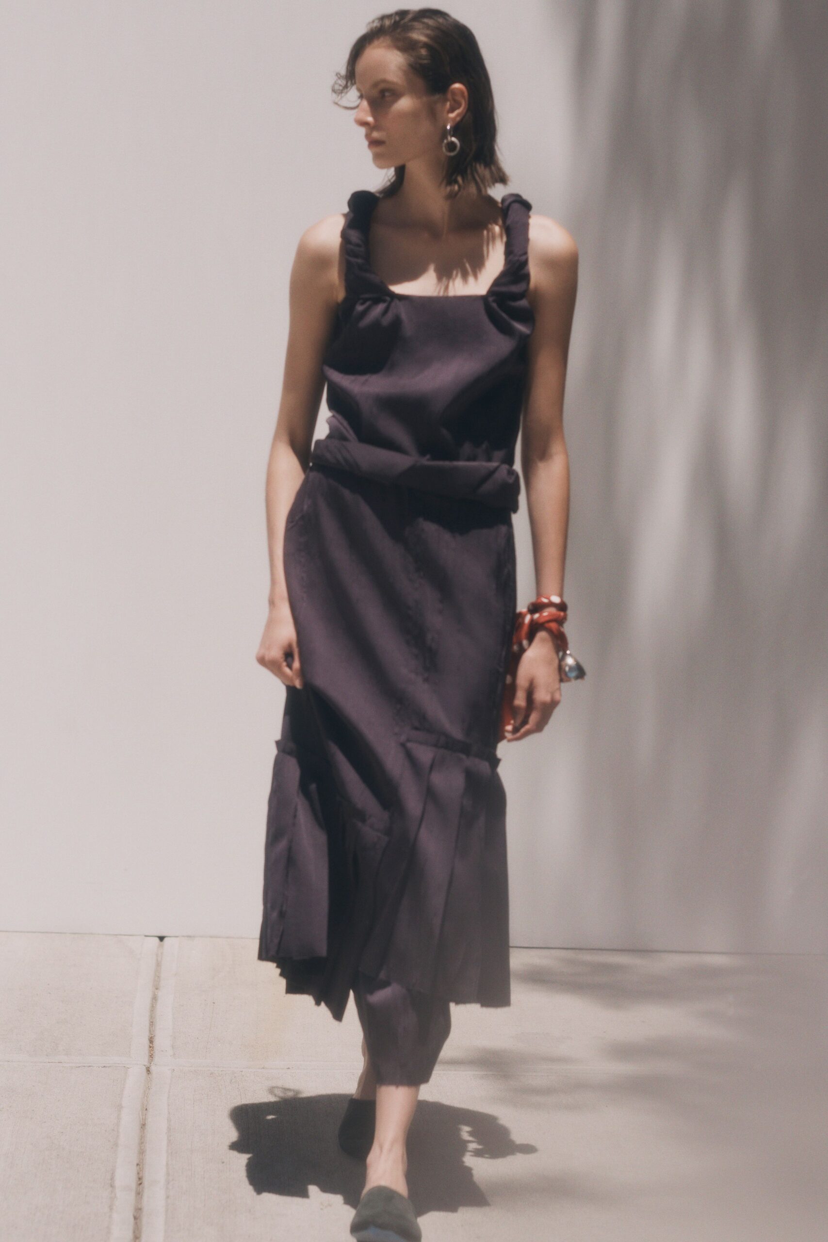 purple cotton sleeveless v-neck fitted ruffled tiered dress