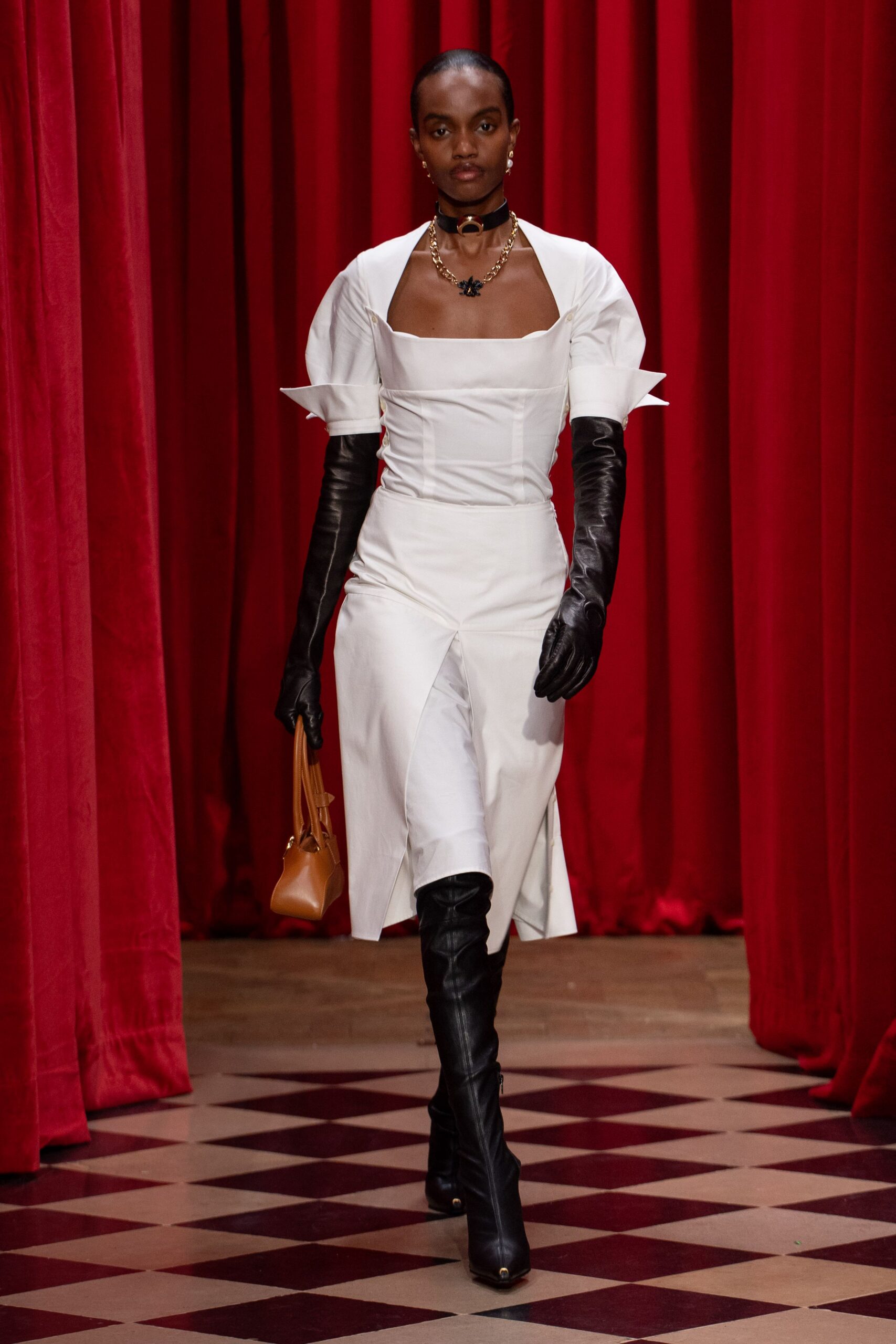 white fitted midi dress with gloves
