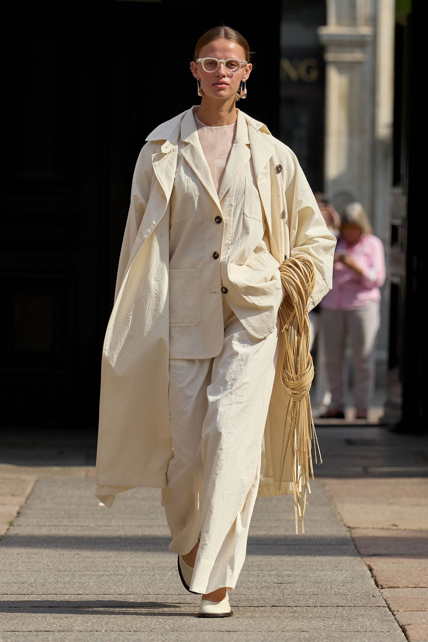 beige trench blazer wide-leg pants