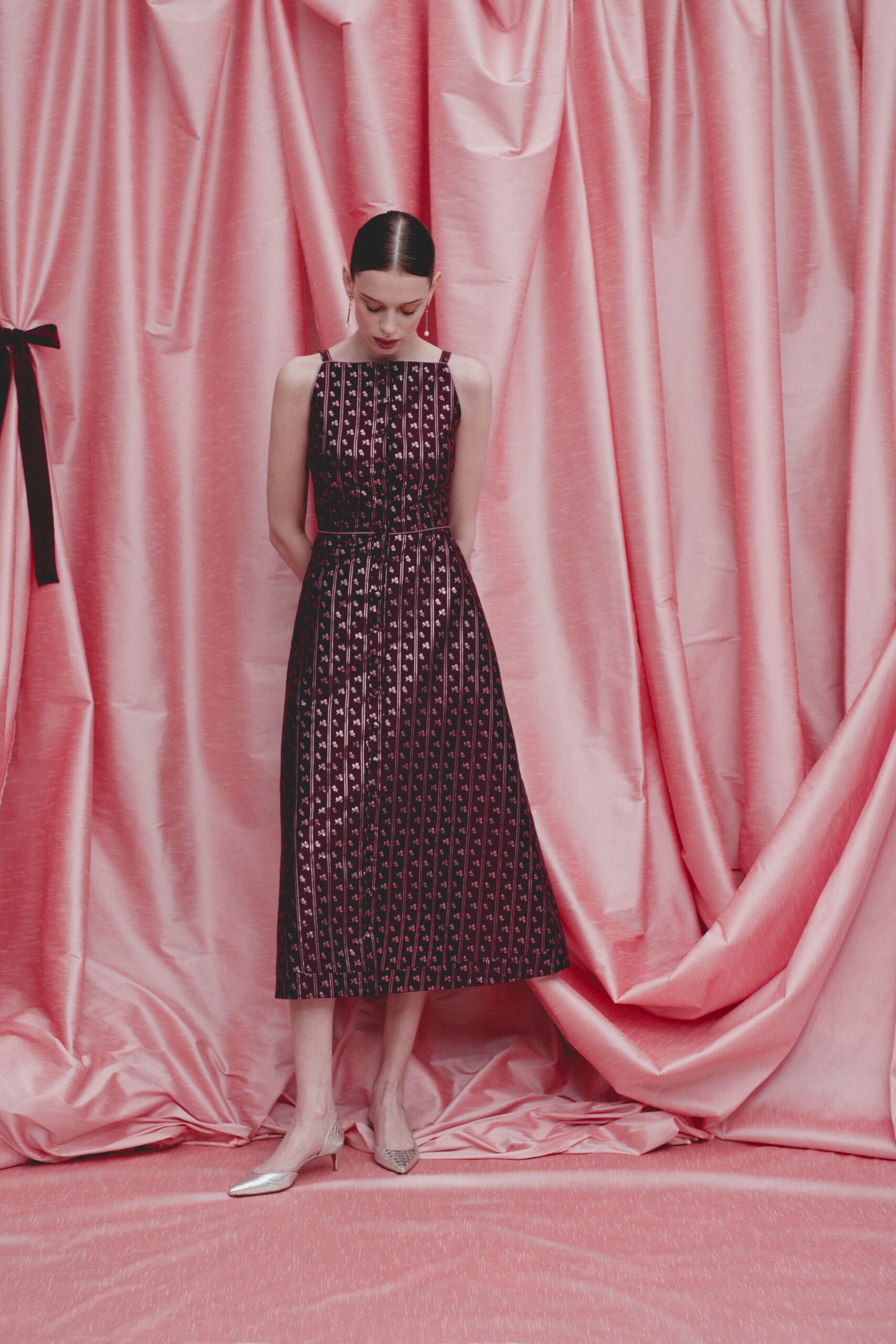 purple silk sleeveless high-neck fitted pleated printed dress