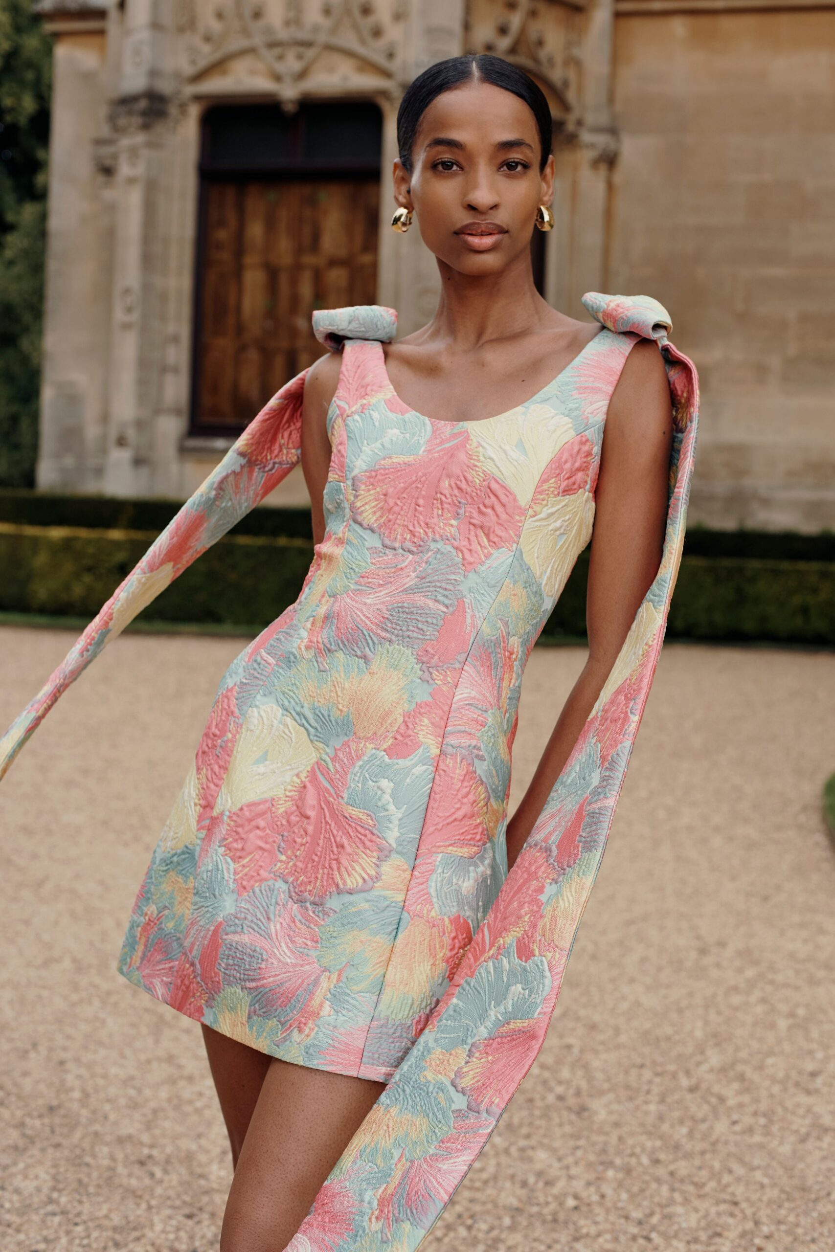floral mini-dress with draped sleeves
