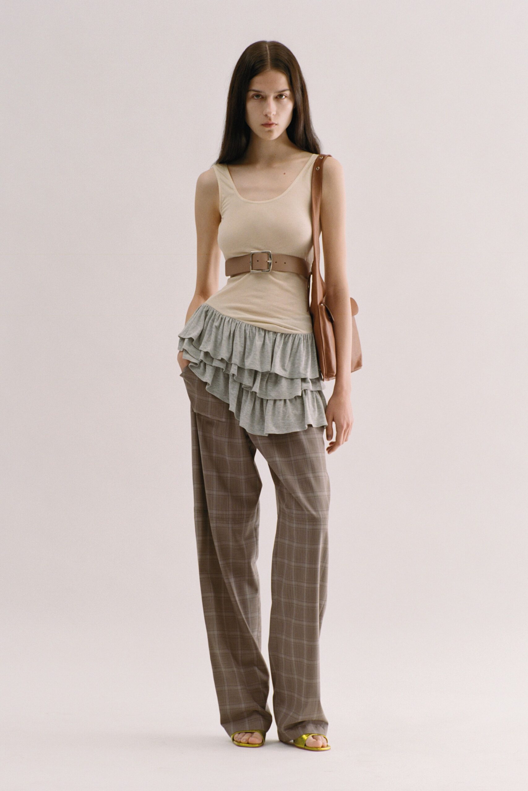 beige tank-top with tiered skirt