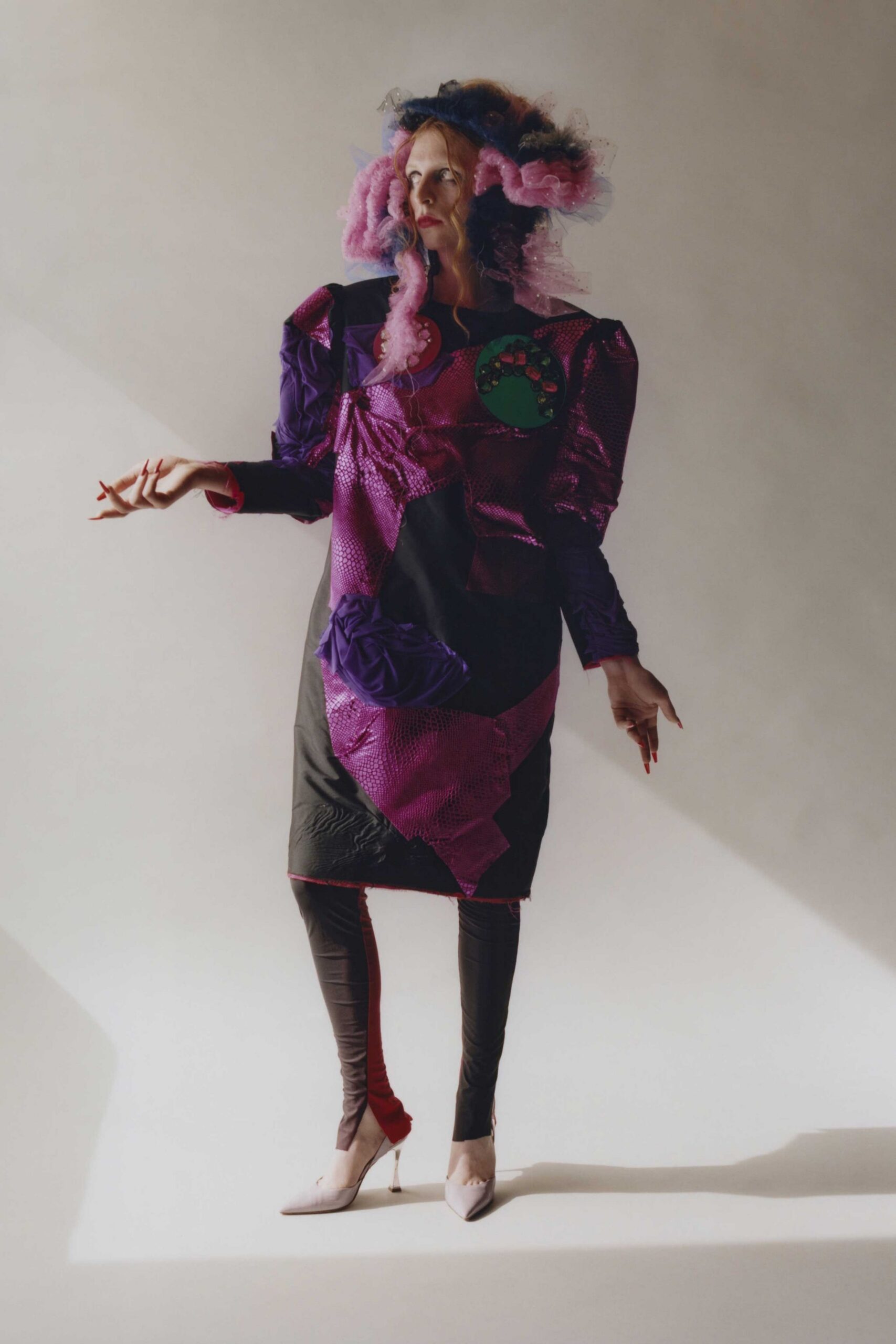 purple silk long-sleeve fitted pleated embellished shiny dress
