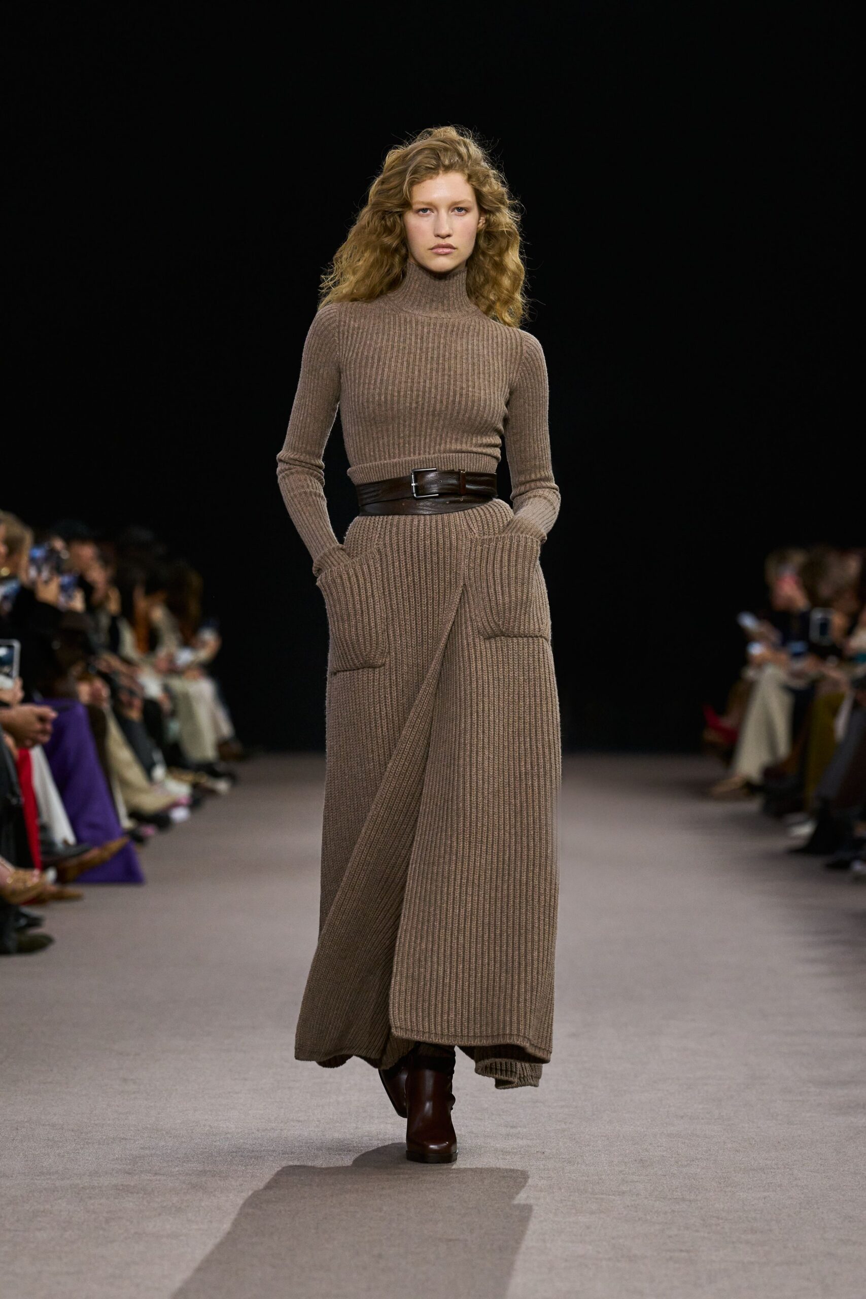 brown knit long-sleeve turtleneck fitted ribbed pockets dress
