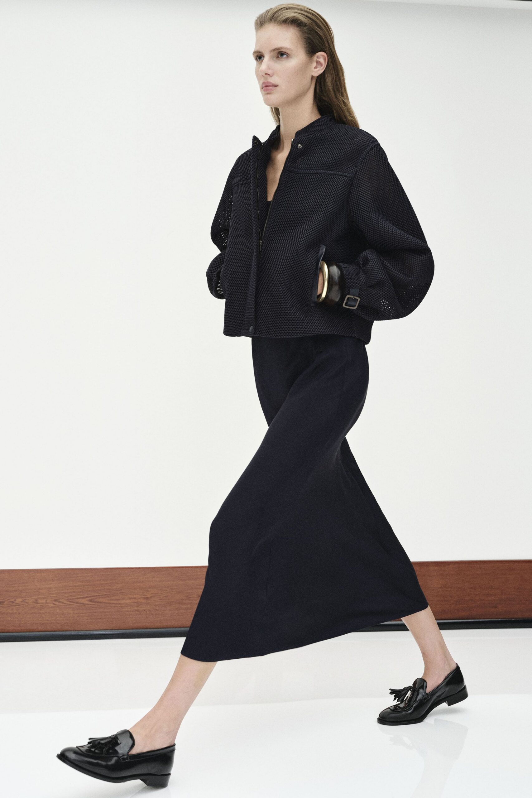 black relaxed jacket with midi skirt