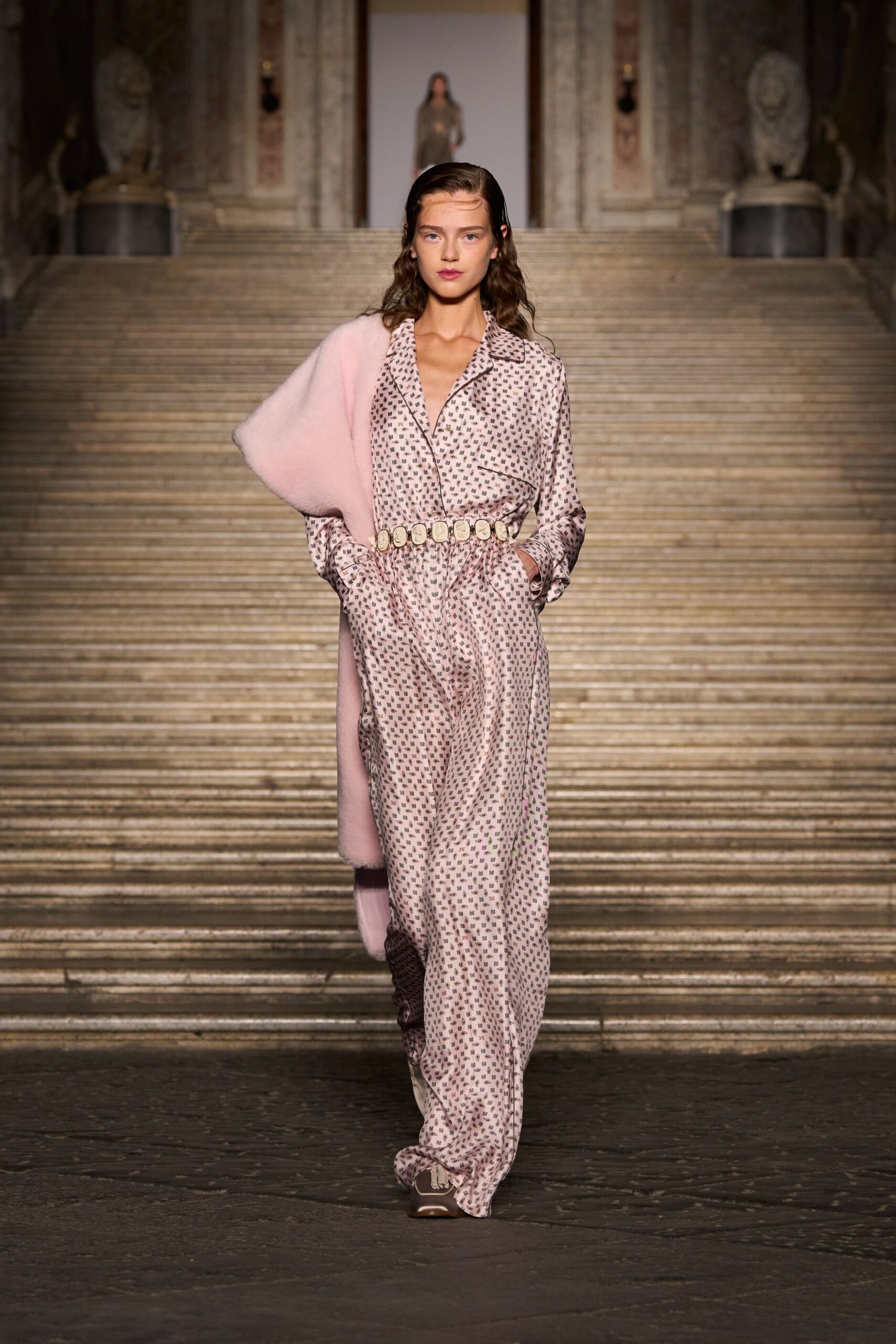 pink silk long-sleeve collared relaxed polka-dot belted jumpsuit
