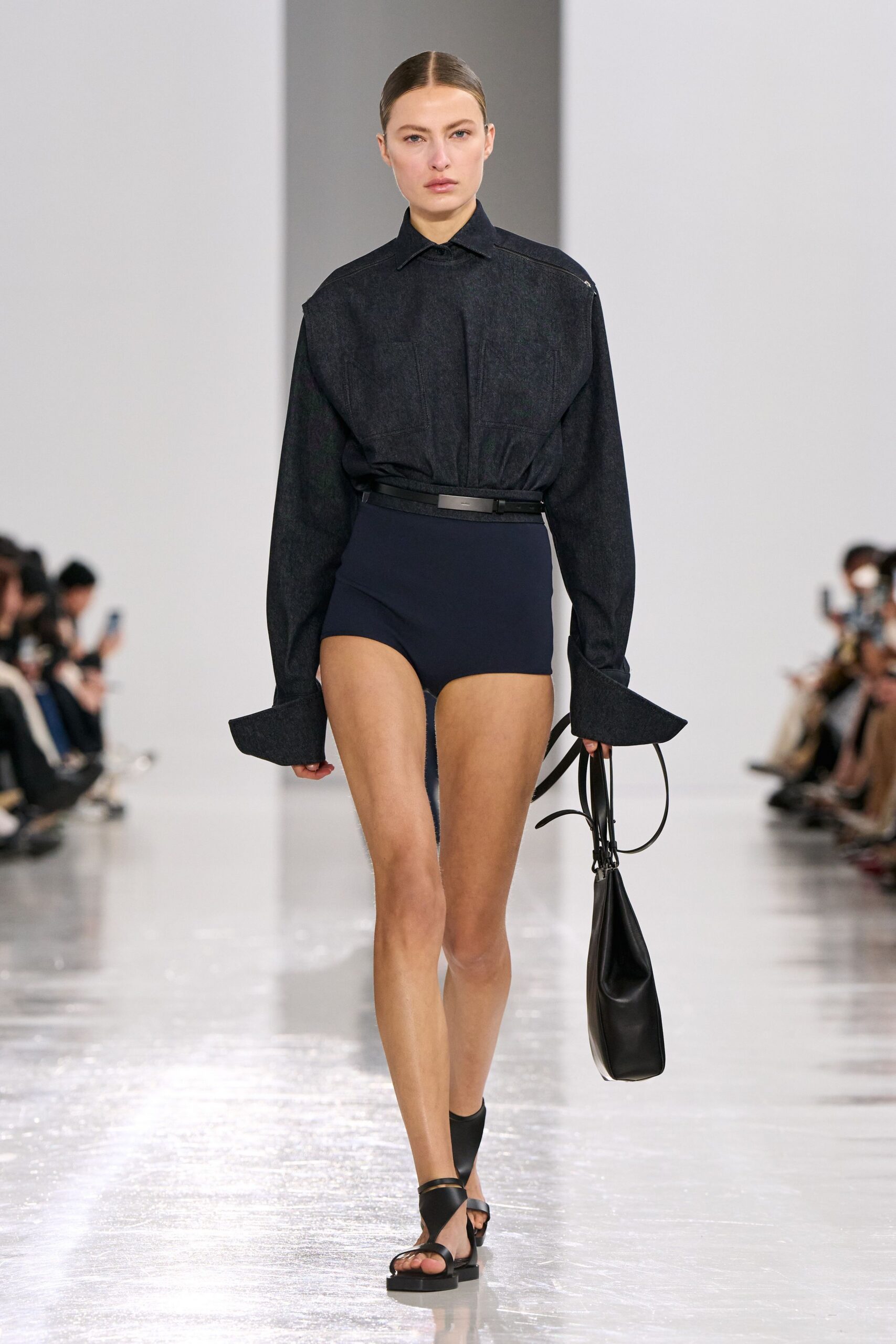 black denim long-sleeve collared relaxed buttoned shirt
