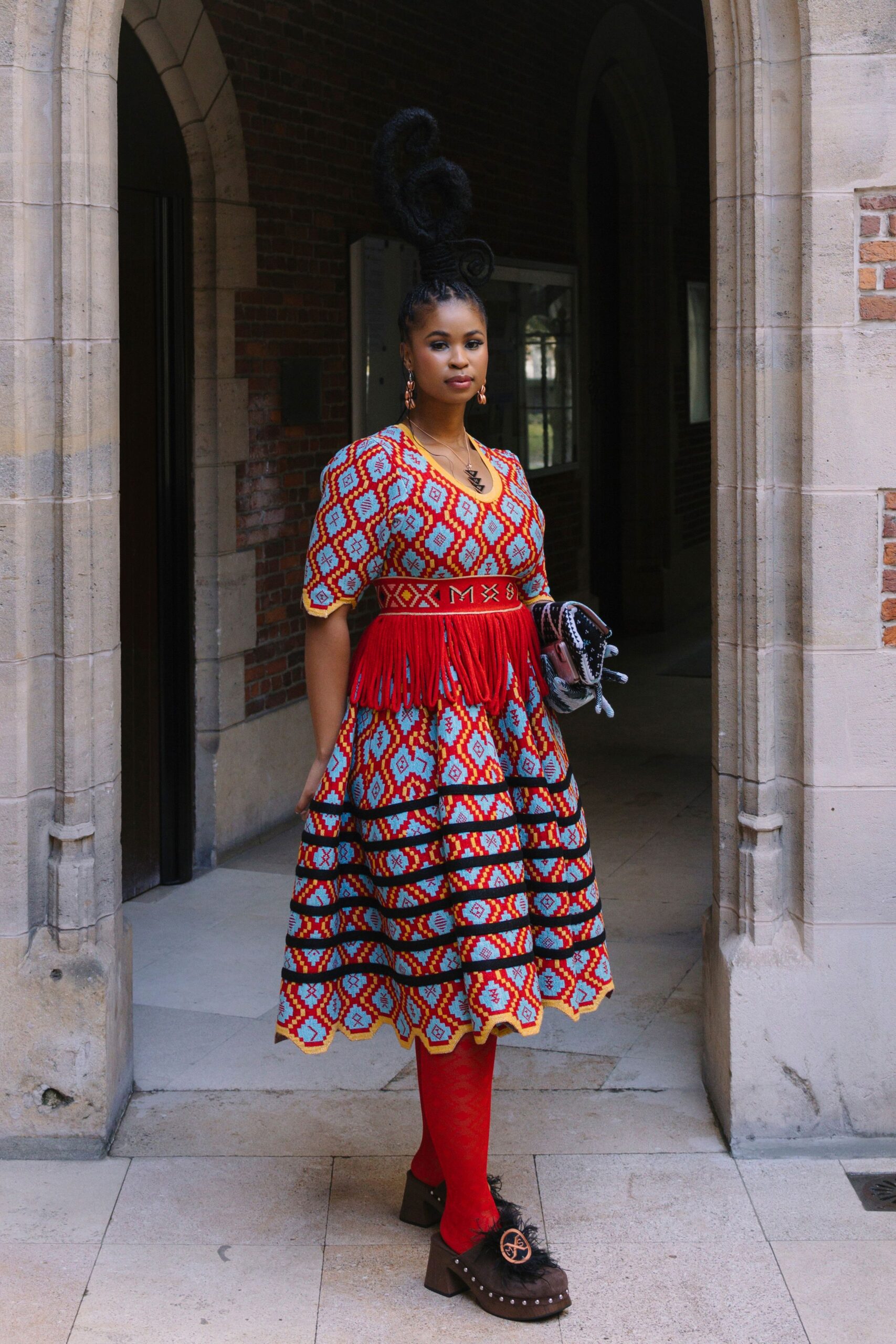 red cotton short-sleeve collared fitted pleated embroidered dress