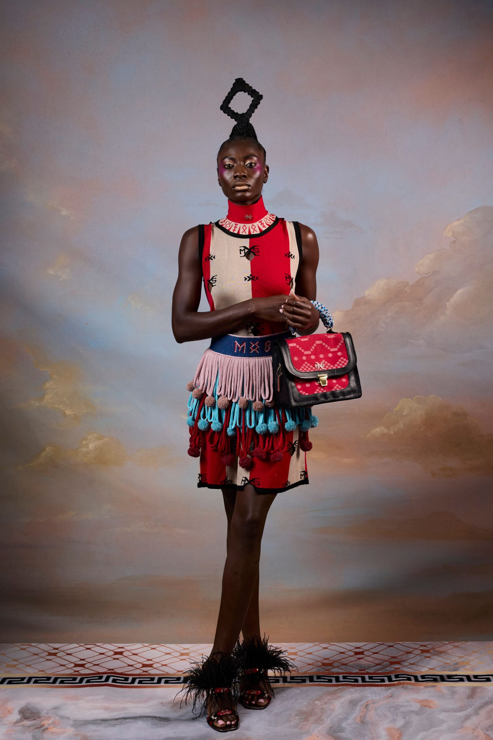 red cotton sleeveless high-neck fitted fringed layered dress