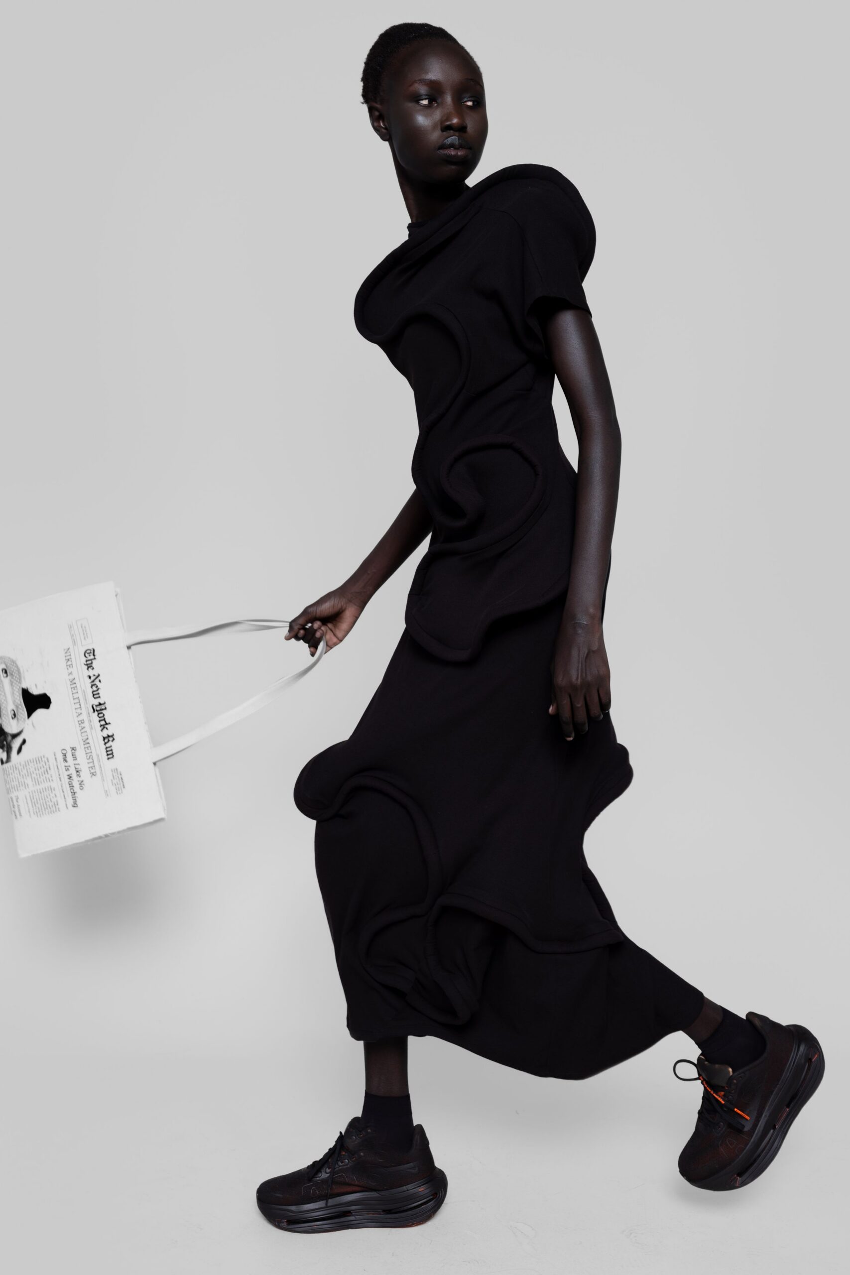 black cotton short-sleeve collared fitted draped maxi dress