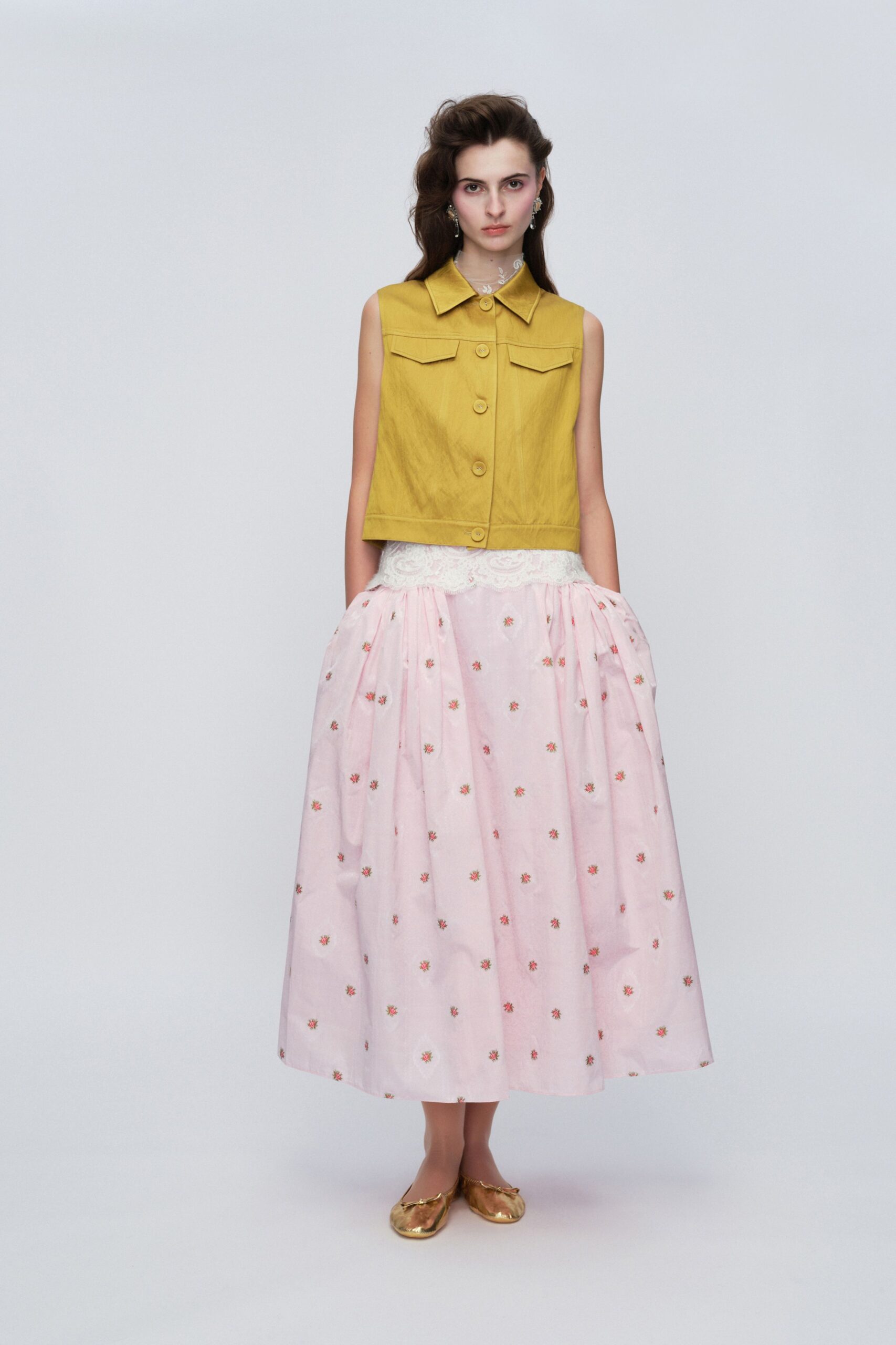 pink cotton relaxed pleated flared maxi skirt