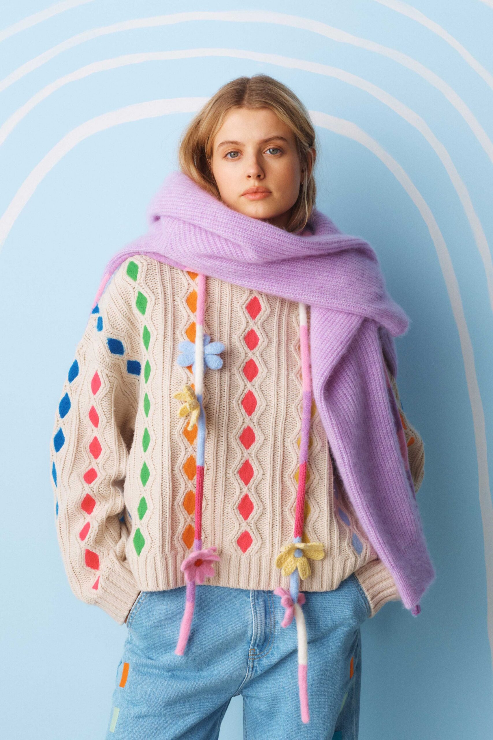 beige wool long-sleeve collared relaxed embroidered layered sweater