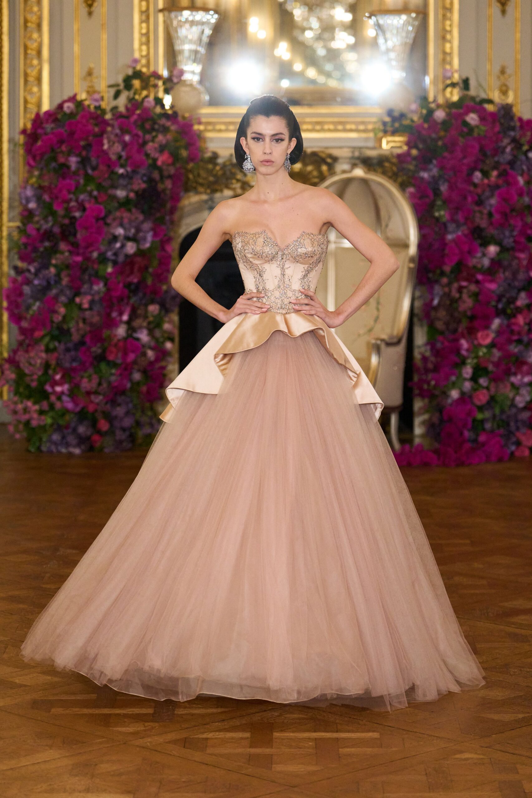 pink embroidered strapless gown