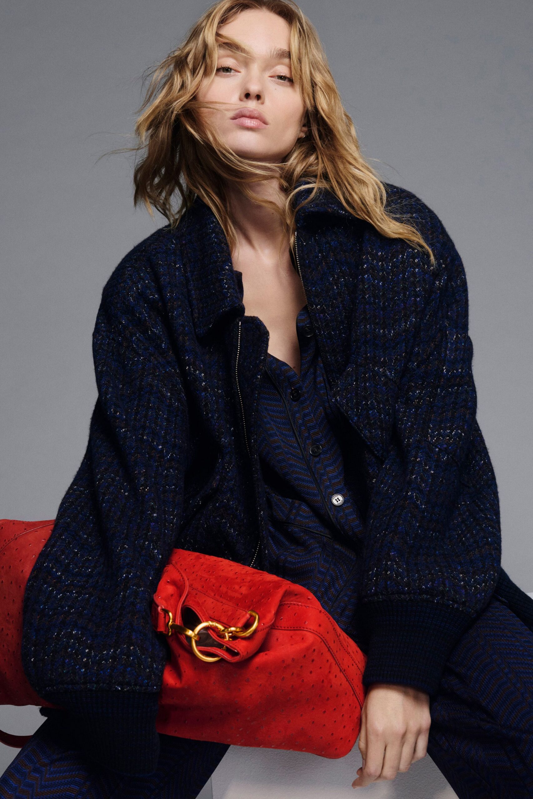 blue cotton long-sleeve collared oversized textured jacket