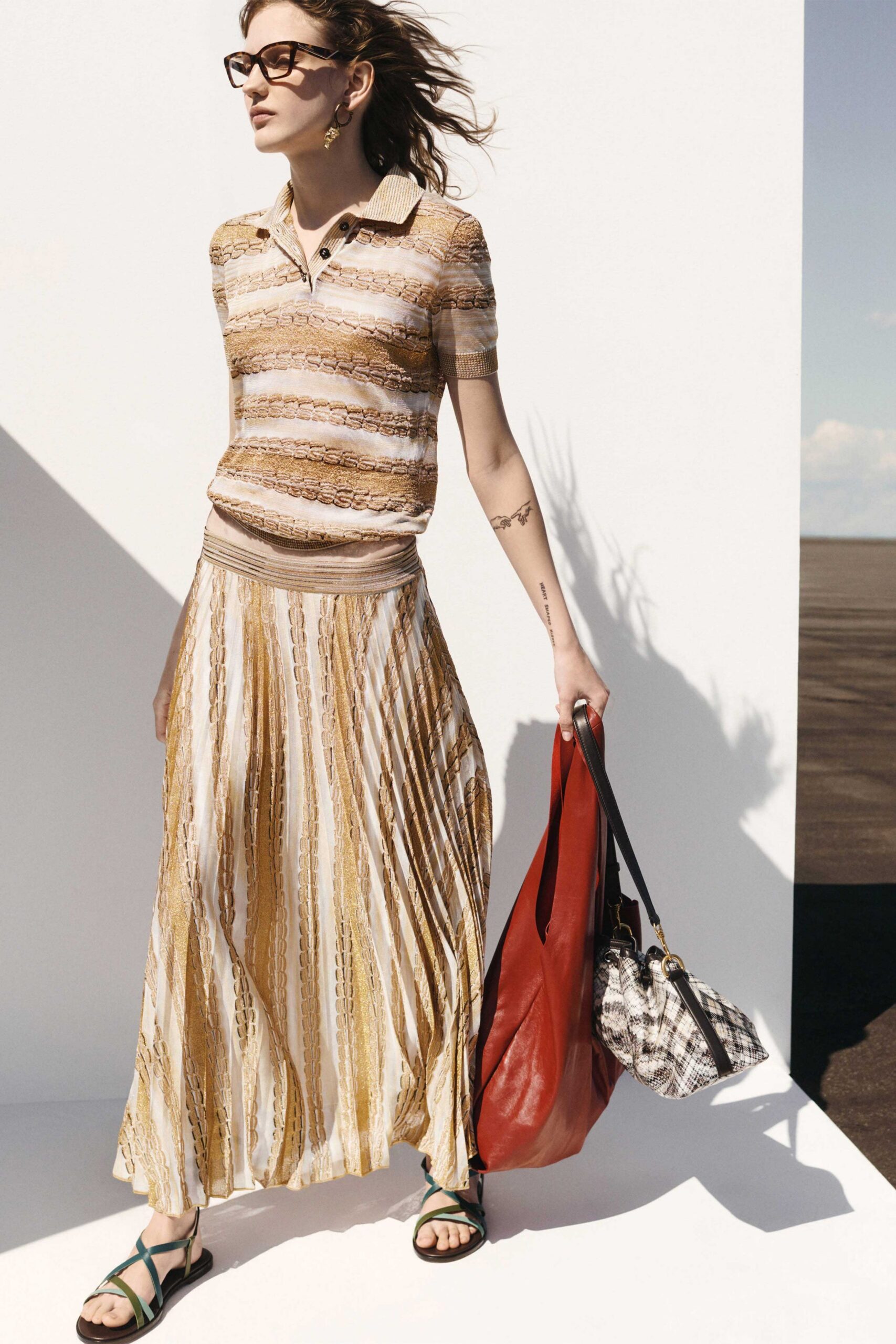 beige striped top with maxi skirt