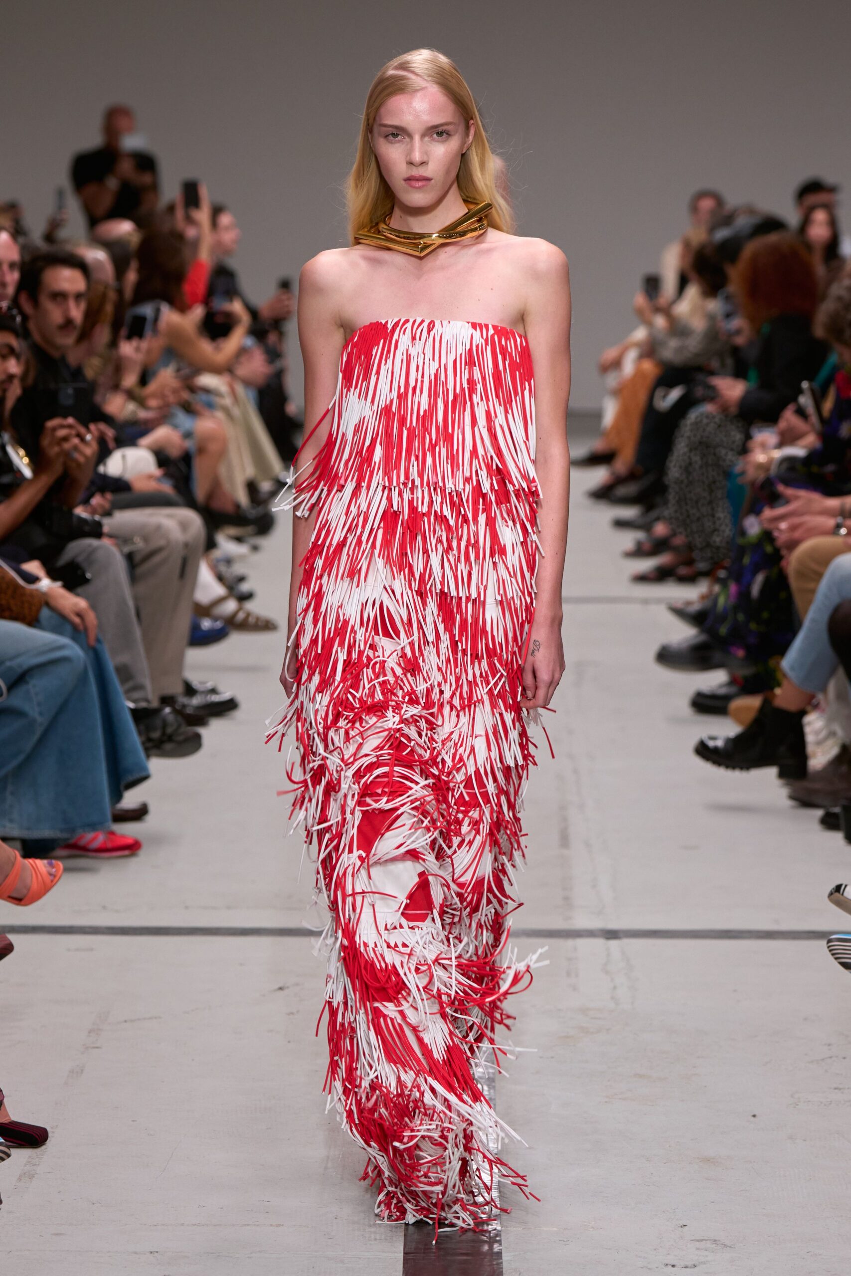 red and white fringed gown