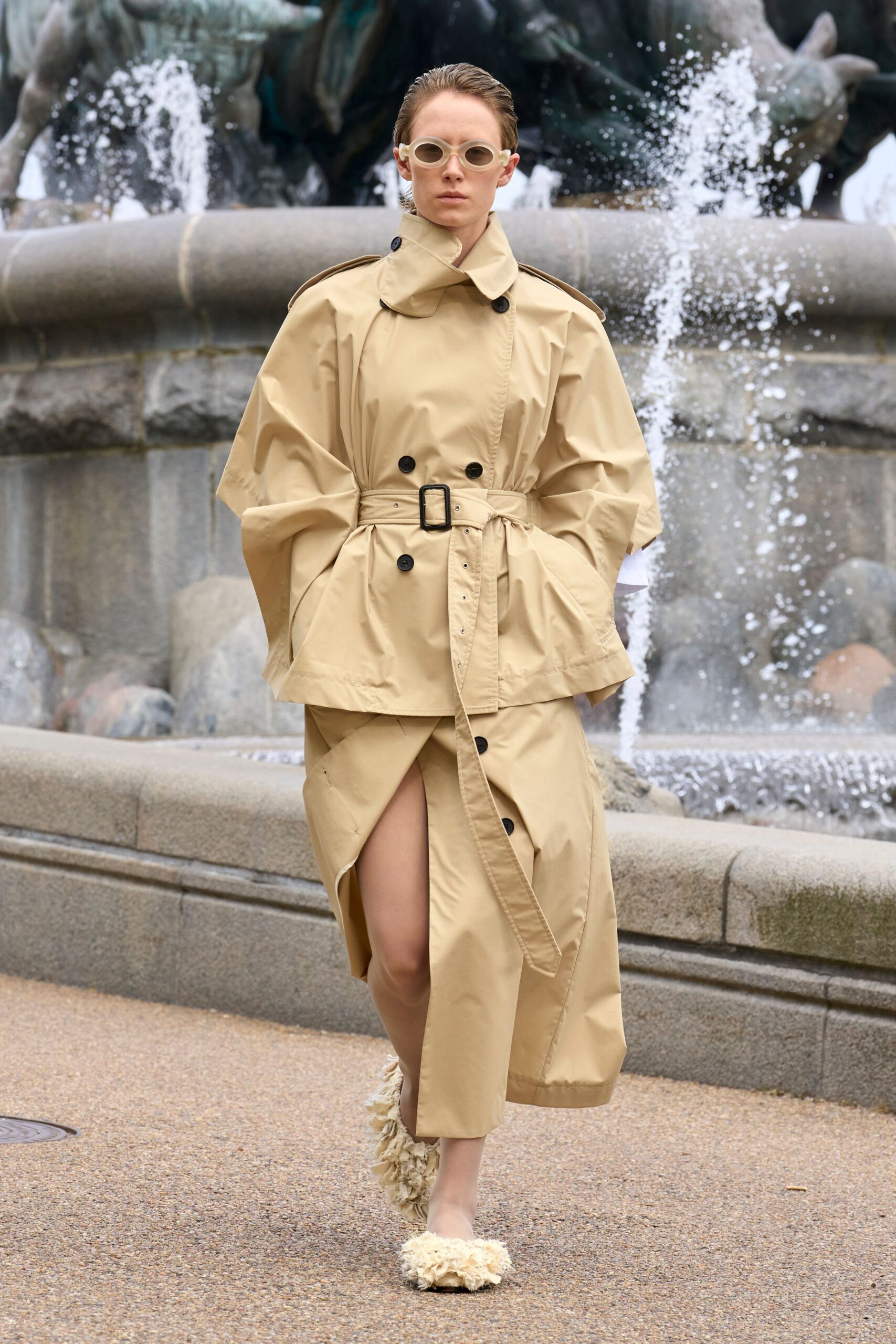 beige cotton long-sleeve collared oversized belted midi trench