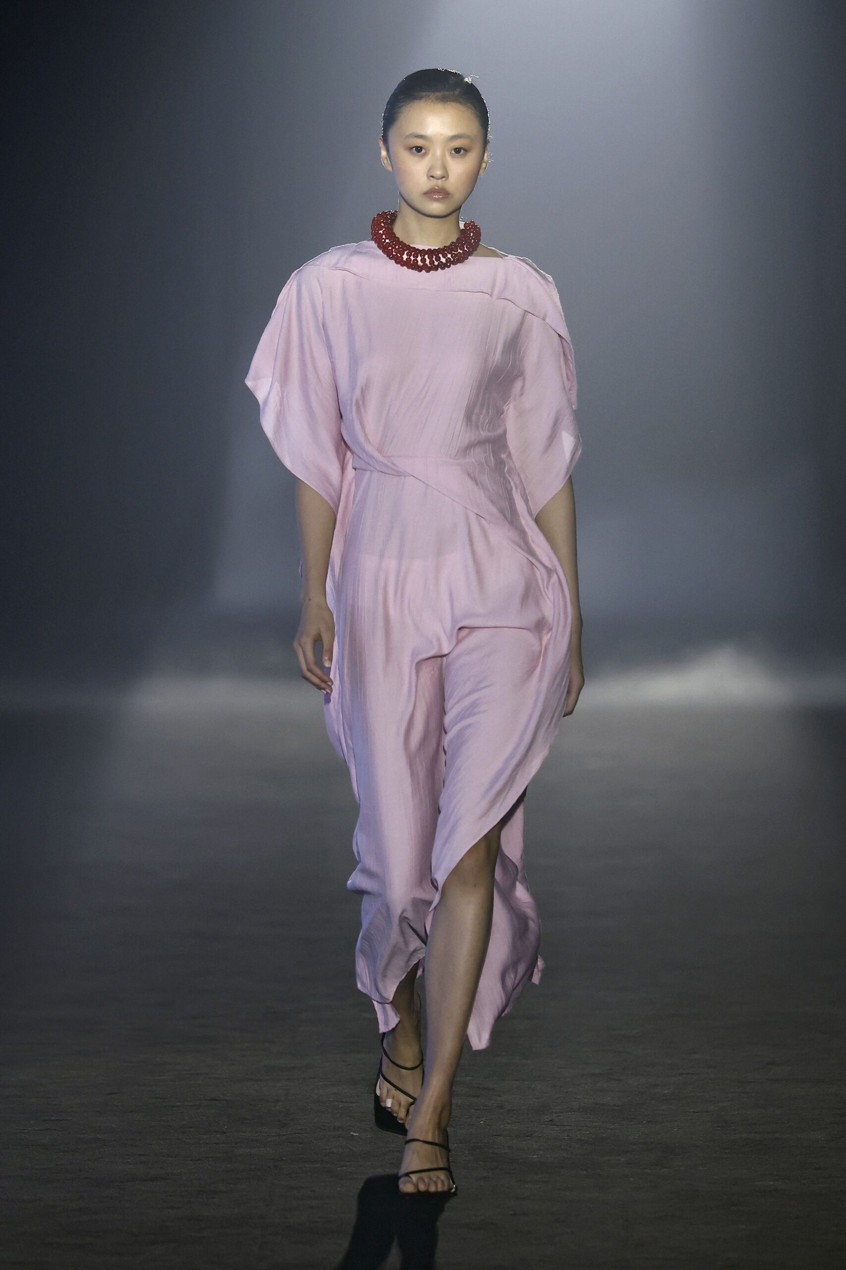 pink silk sleeveless v-neck relaxed draped flowing dress