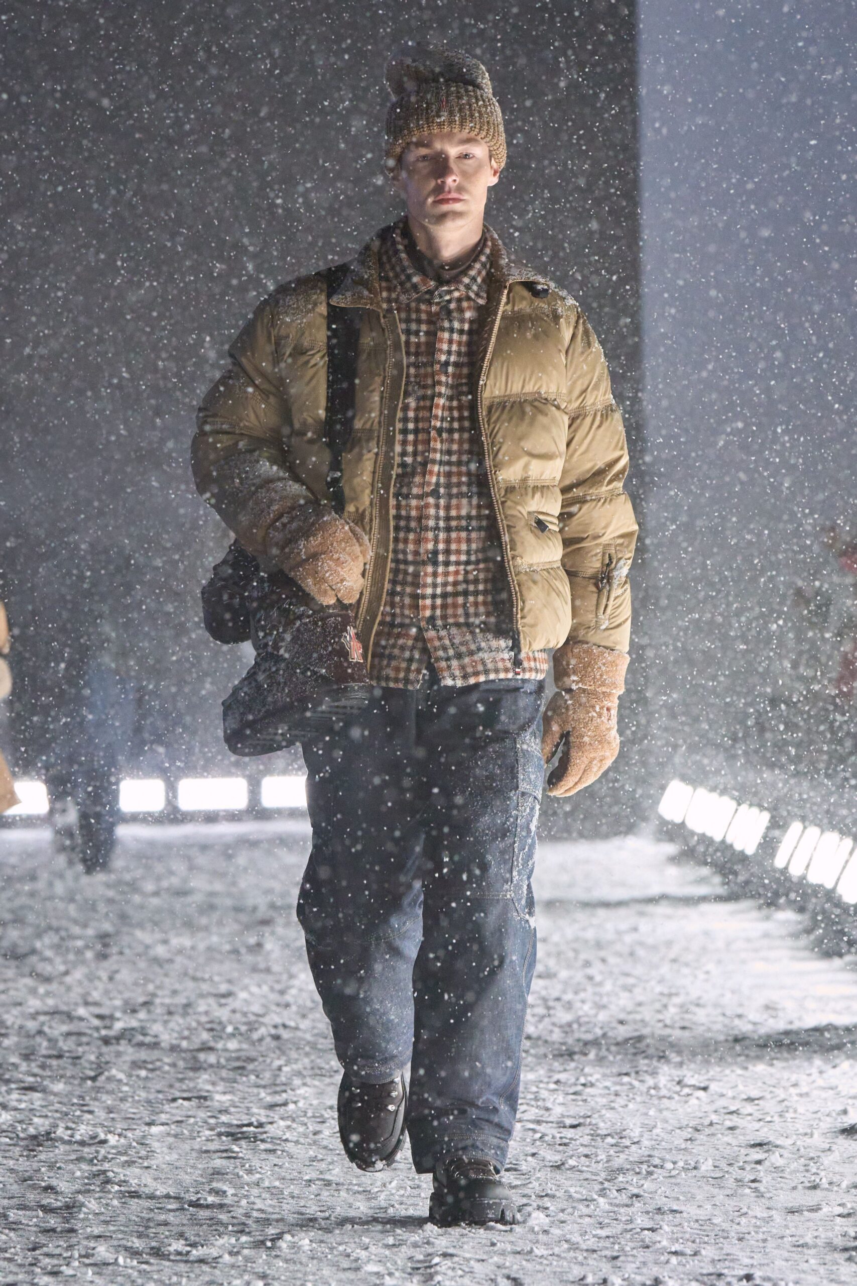 beige puffer jacket with checked shirt