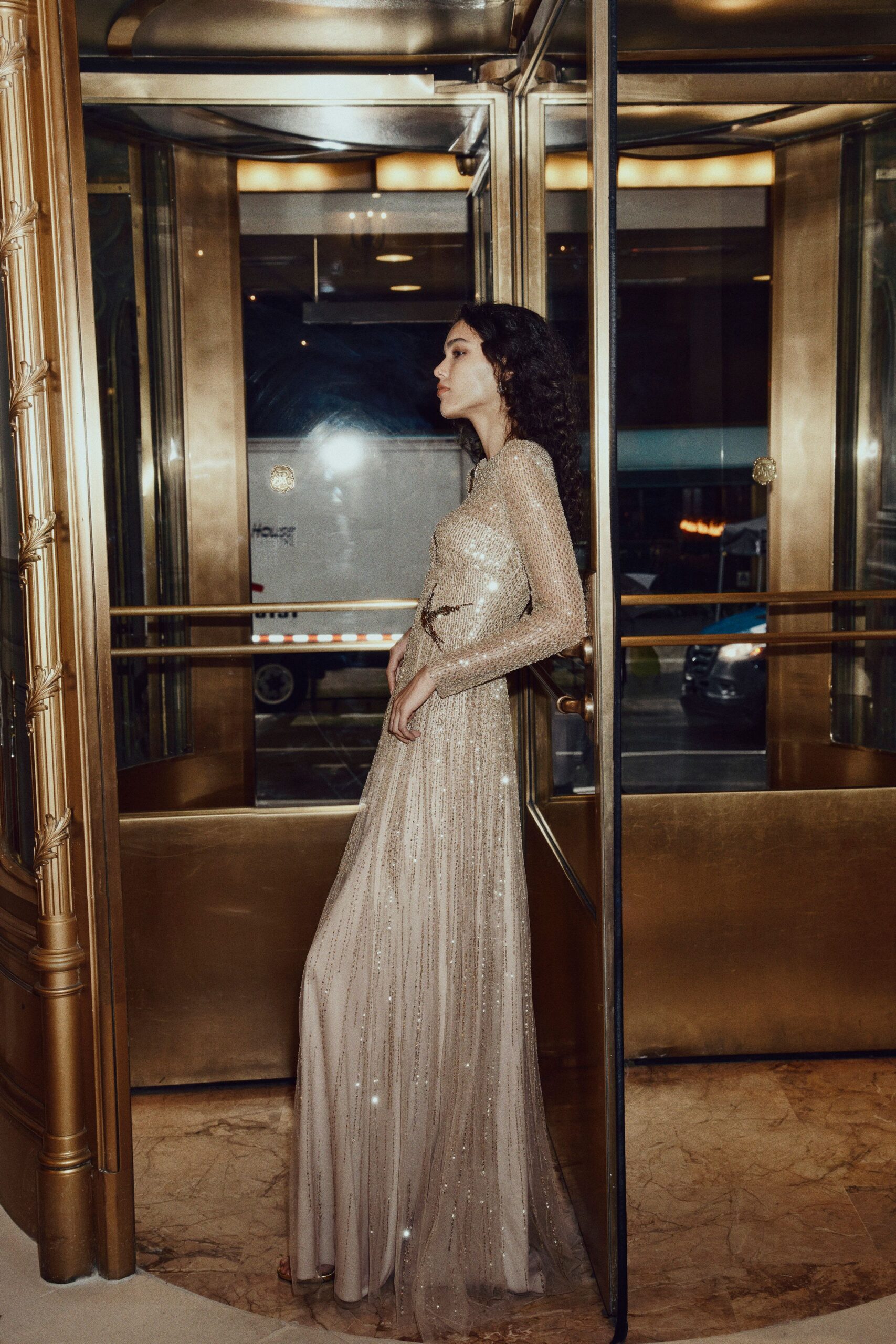 champagne sequin long-sleeve gown