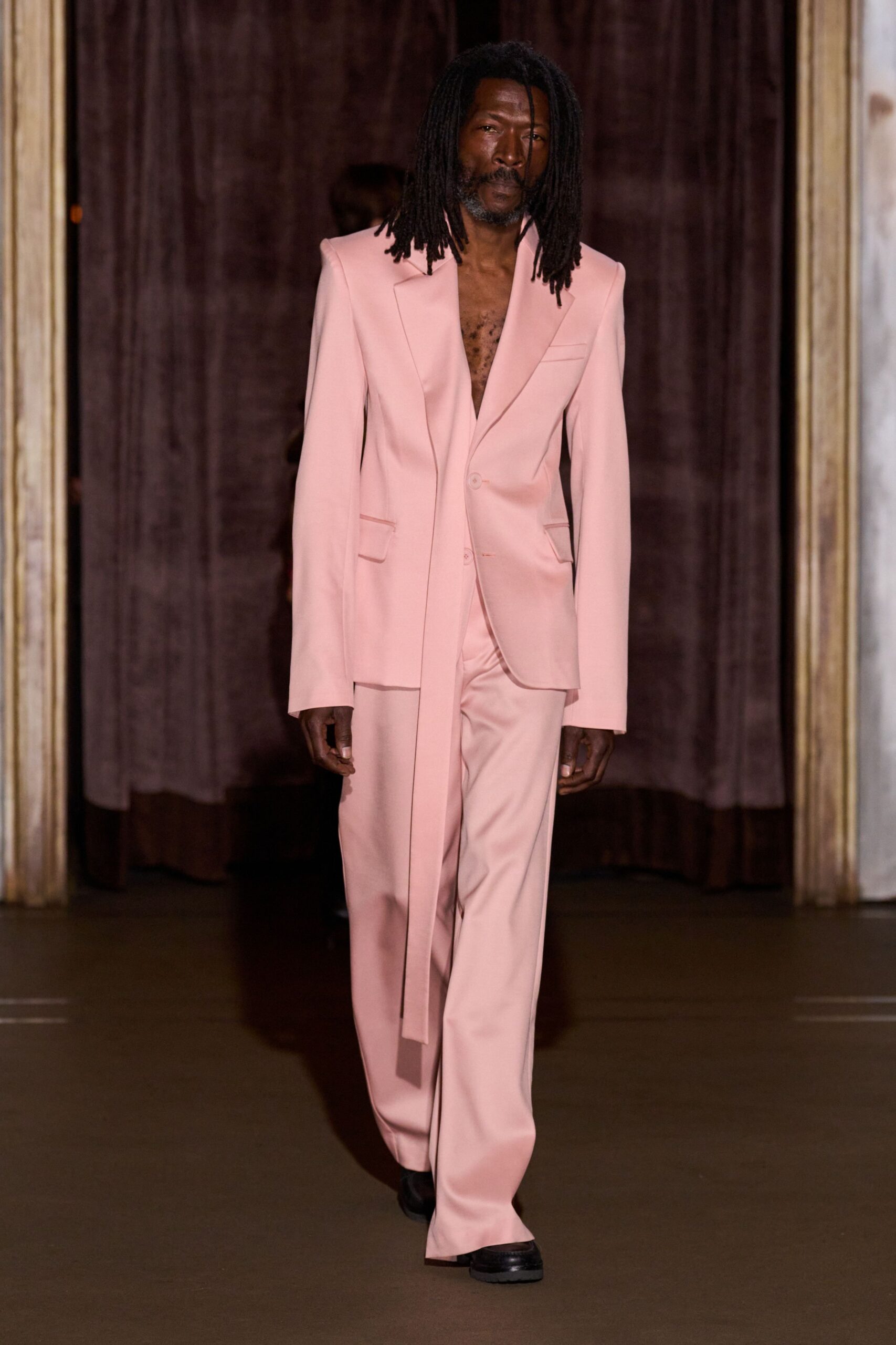 pink long-sleeve collared tailored zippered suit