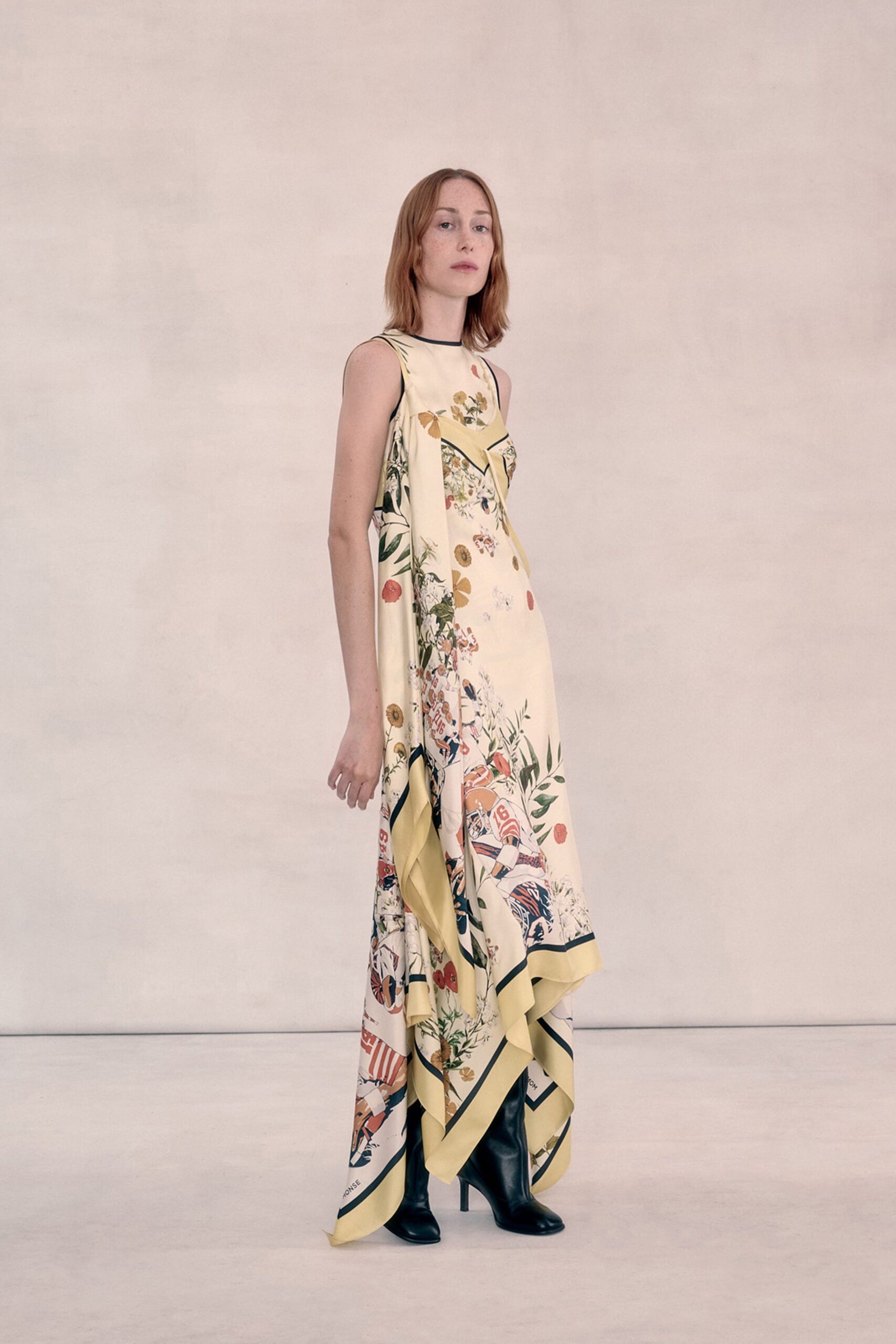 yellow silk sleeveless high-neck fitted draped printed dress