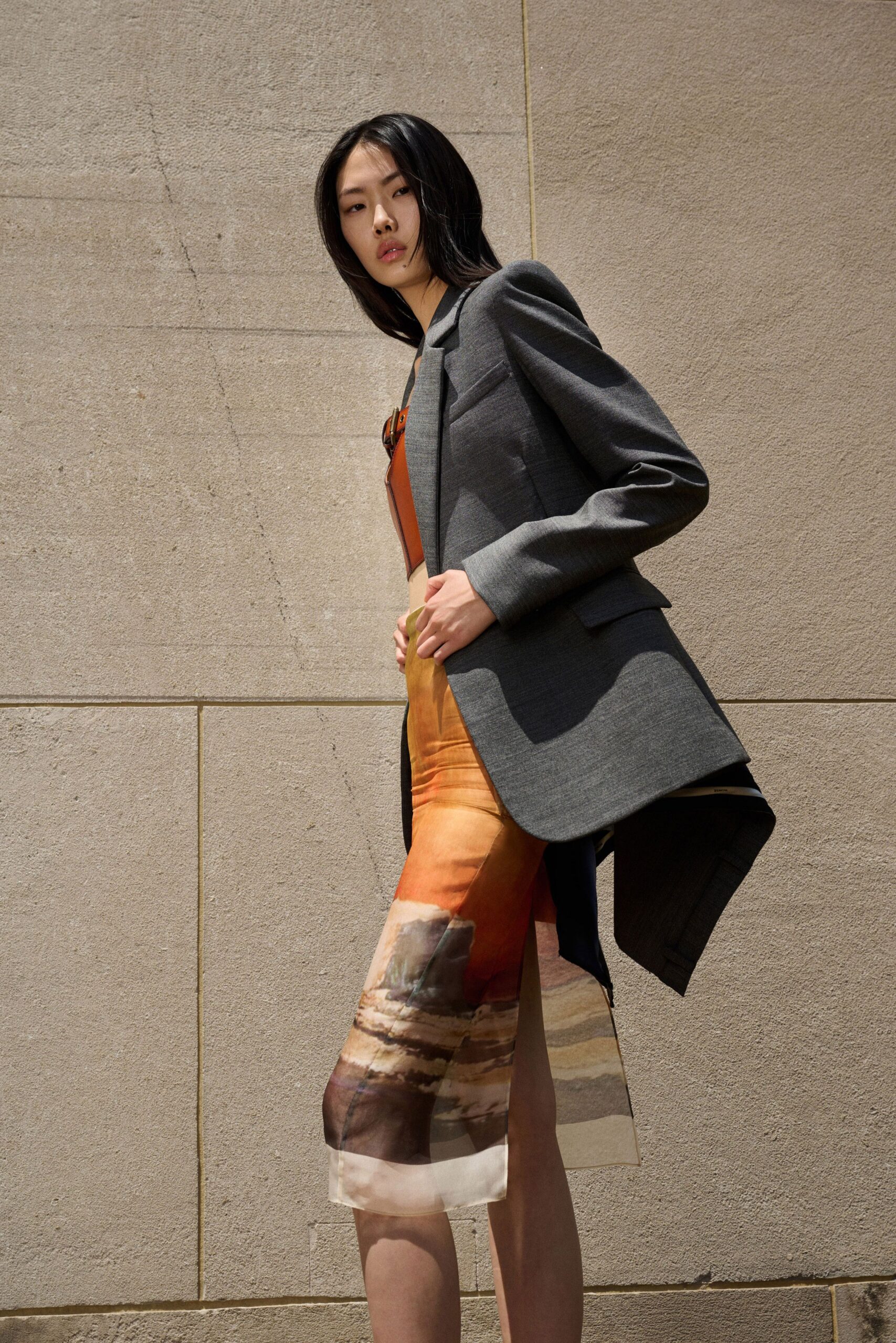 orange silk sleeveless v-neck fitted printed sheer dress