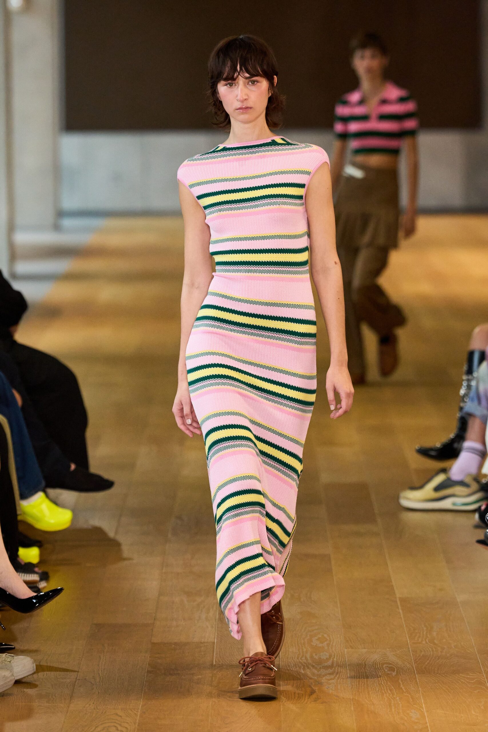 striped pink maxi dress with brown shoes