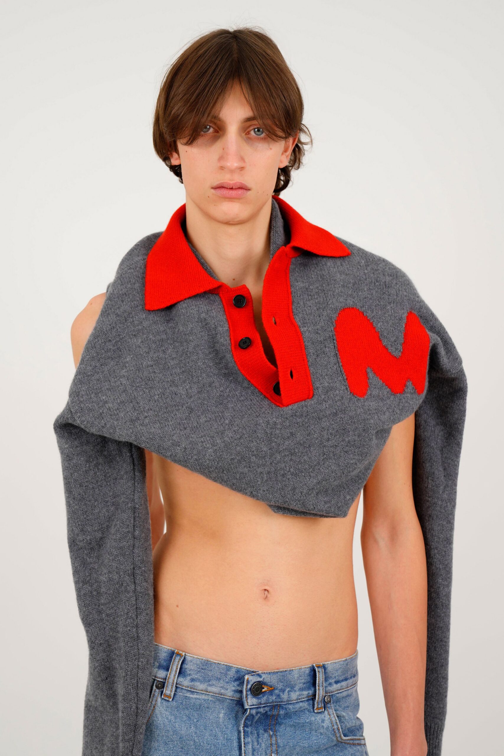 gray wool long-sleeve collared fitted embroidered sweater