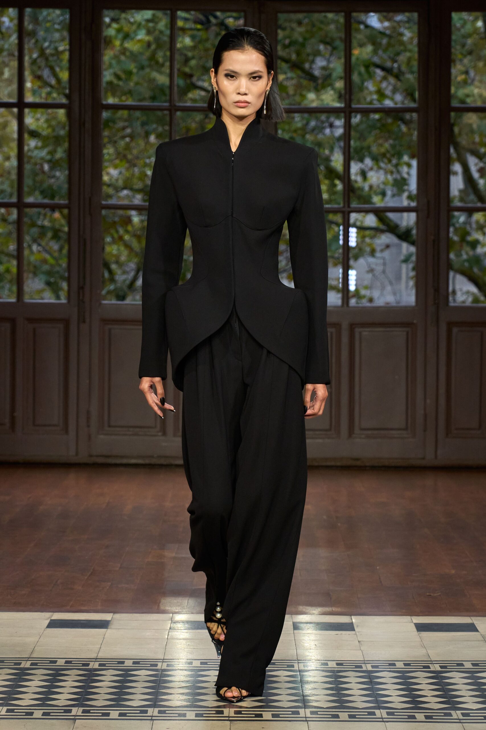black silk long-sleeve collared structured zippered jacket