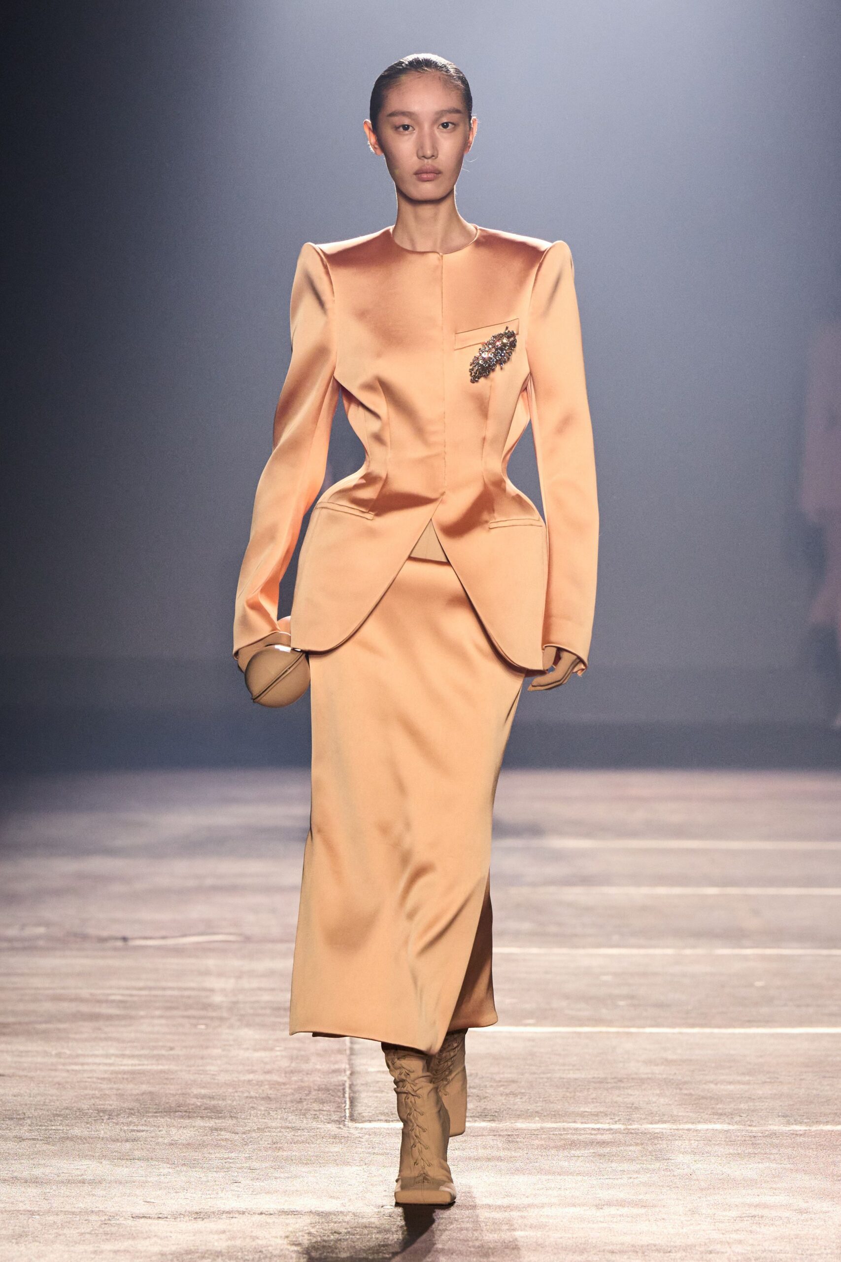 orange satin long-sleeve collared fitted pencil shiny dress