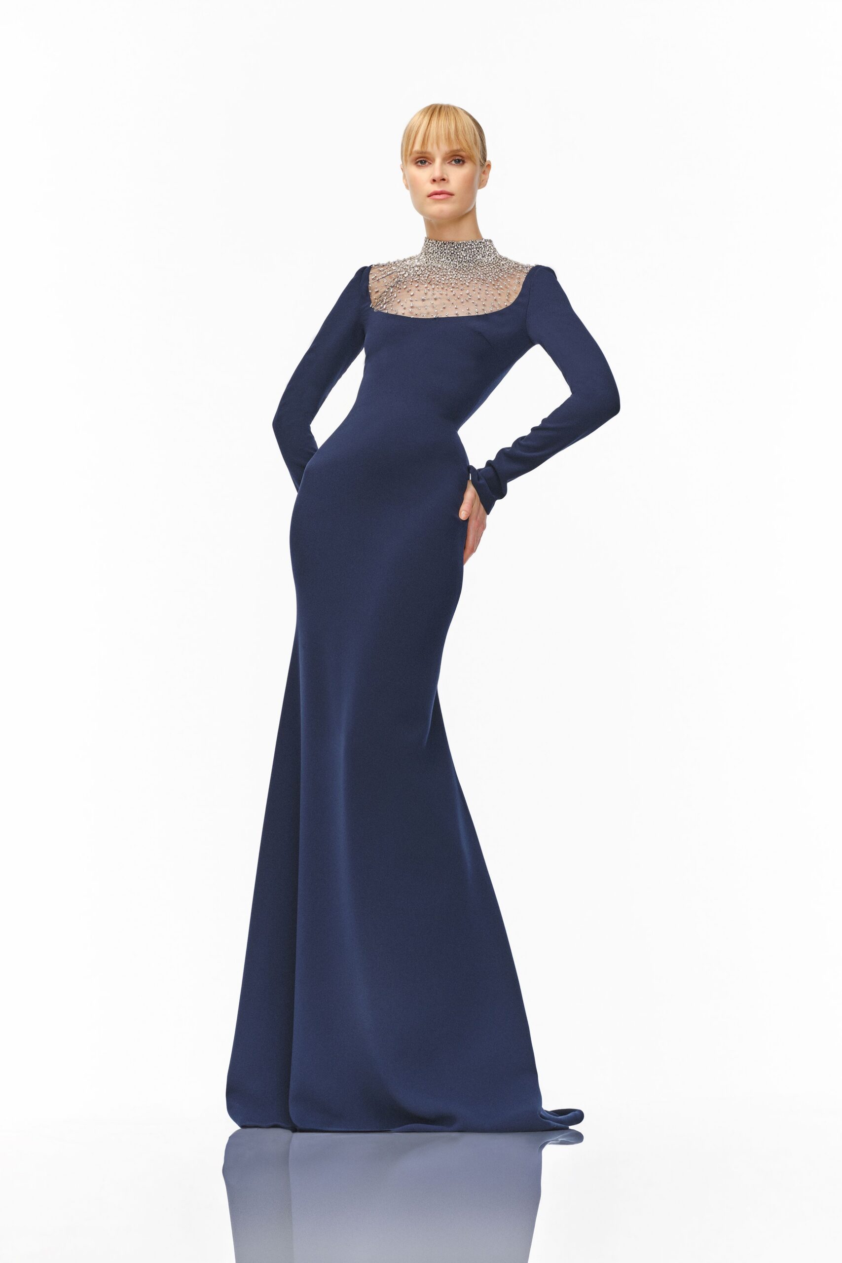 blue silk long-sleeve gown