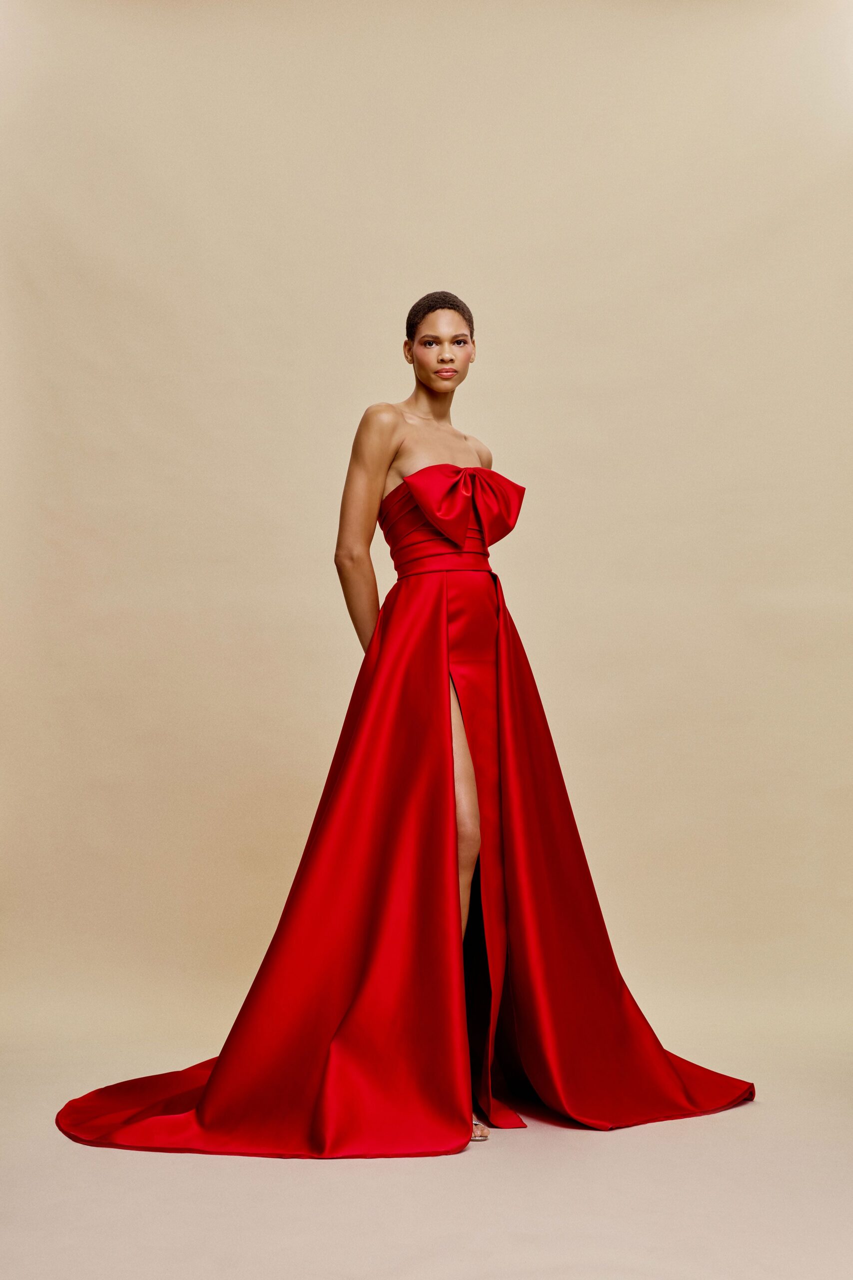 red satin strapless gown
